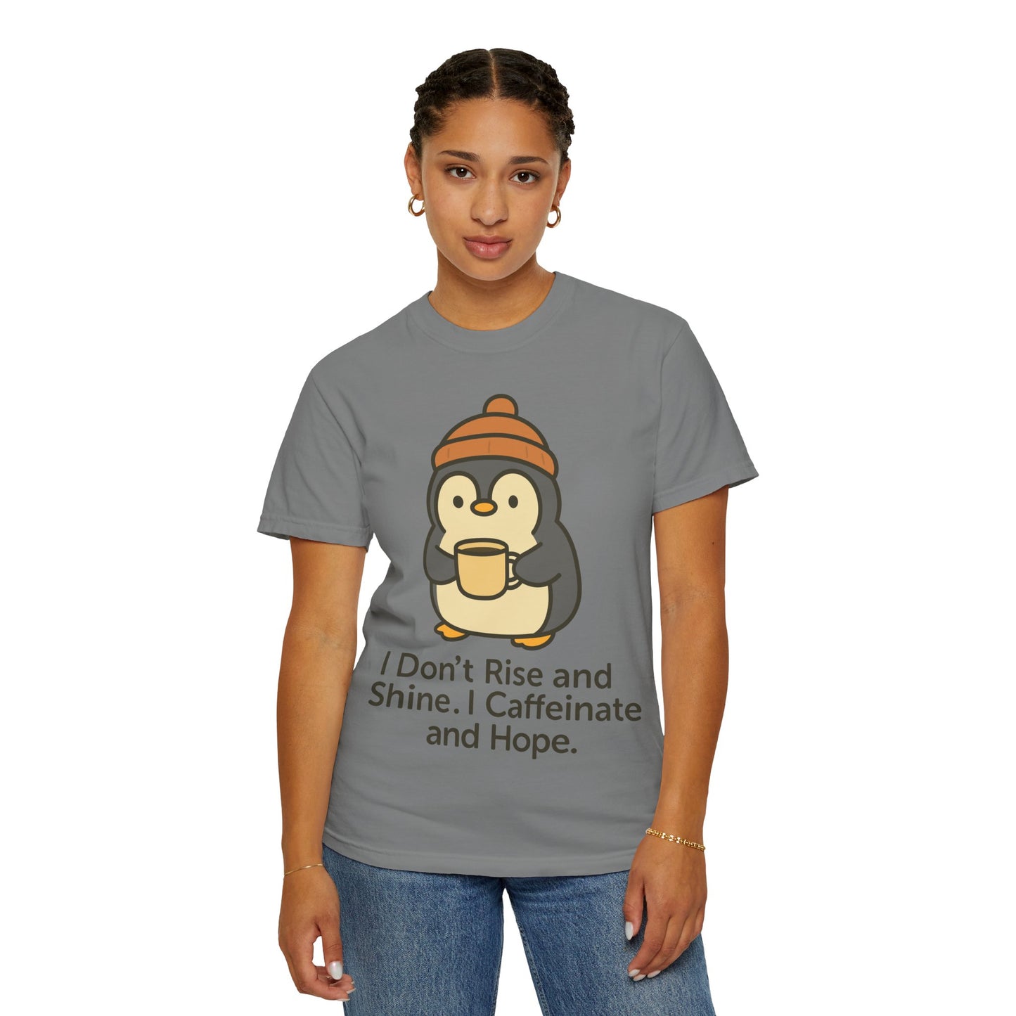 Funny Penguin 'I Don't Rise and Shine, I Rise and Caffeinate' T-Shirt