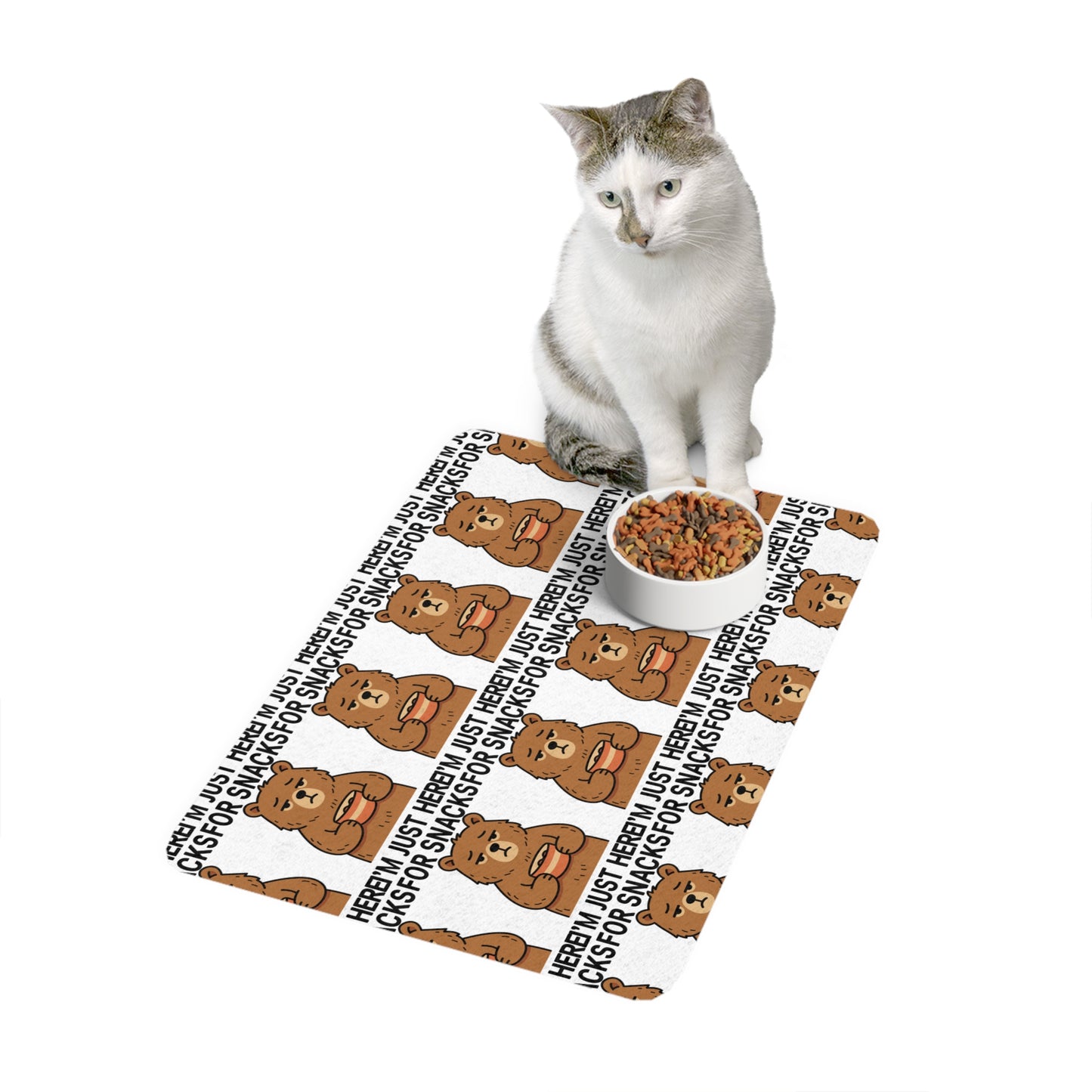 “I’m Just Here for Snacks” Bear Pet Food Mat — 12x18 Non-Slip Bowl Placemat