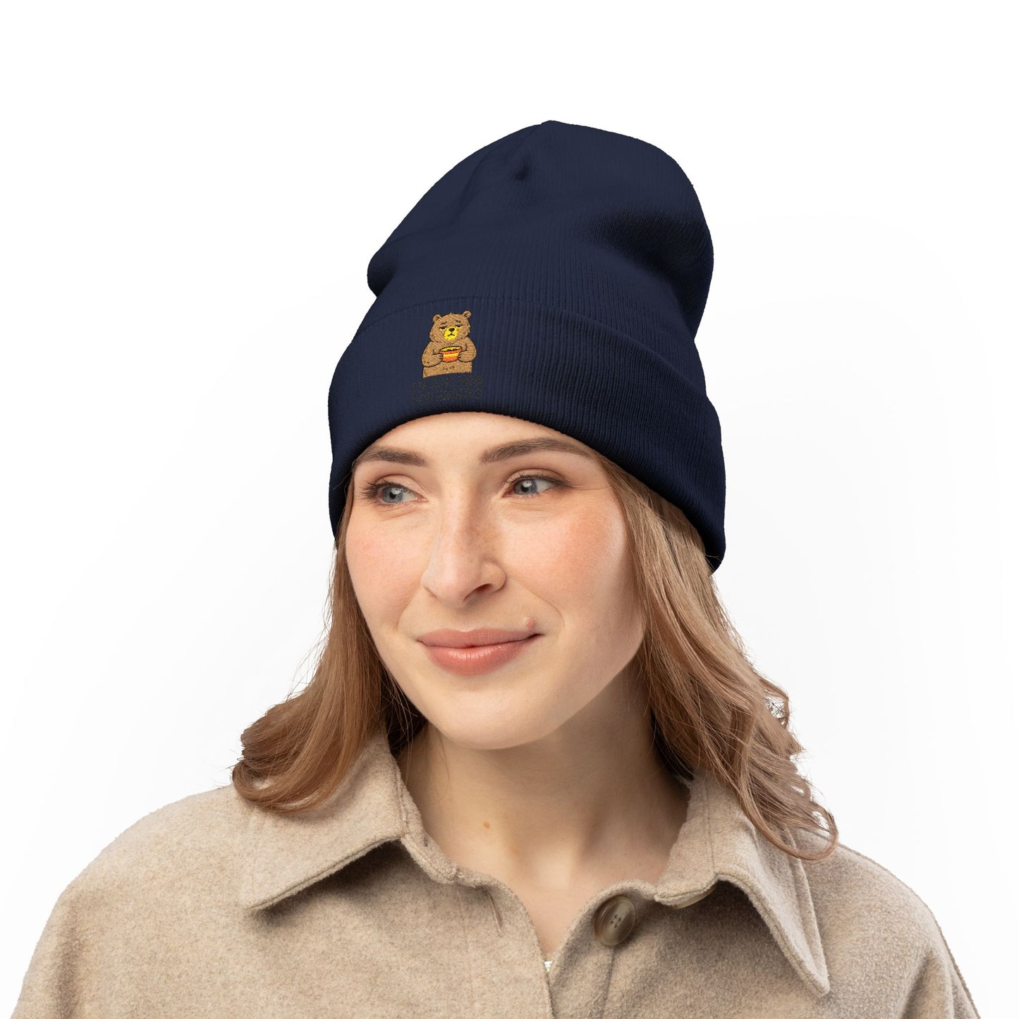 Embroidered 'I'm Just Here for Snacks' Bear Knit Beanie