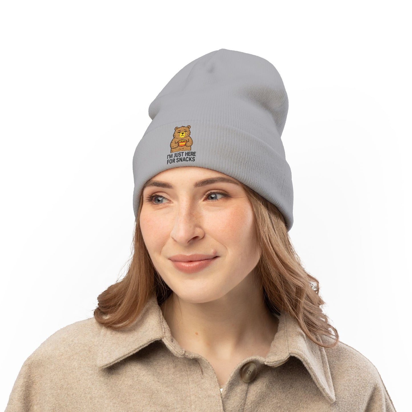 Embroidered 'I'm Just Here for Snacks' Bear Knit Beanie