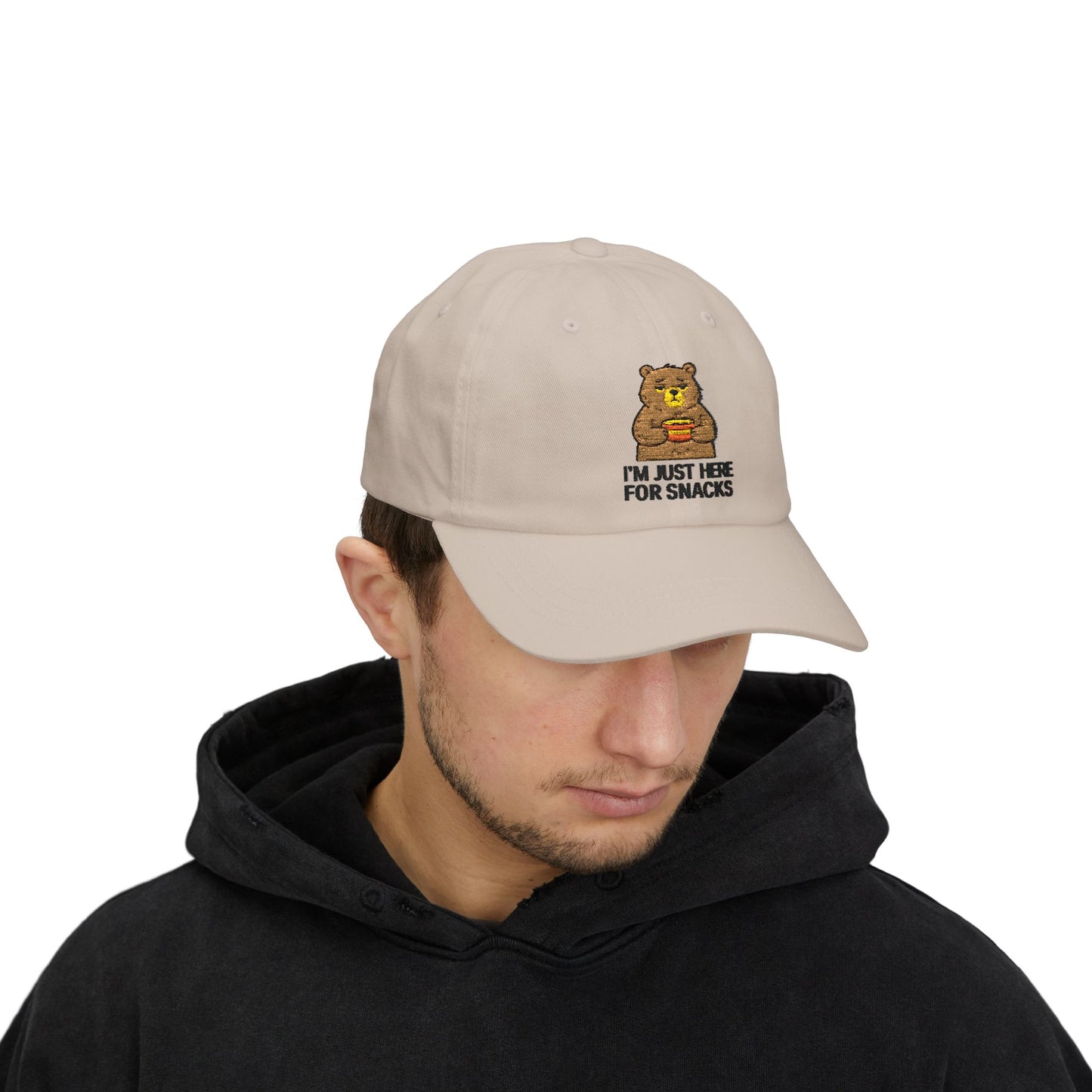 Dad Cap — Cute Bear "I'm Just Here for Snacks" Embroidered Hat