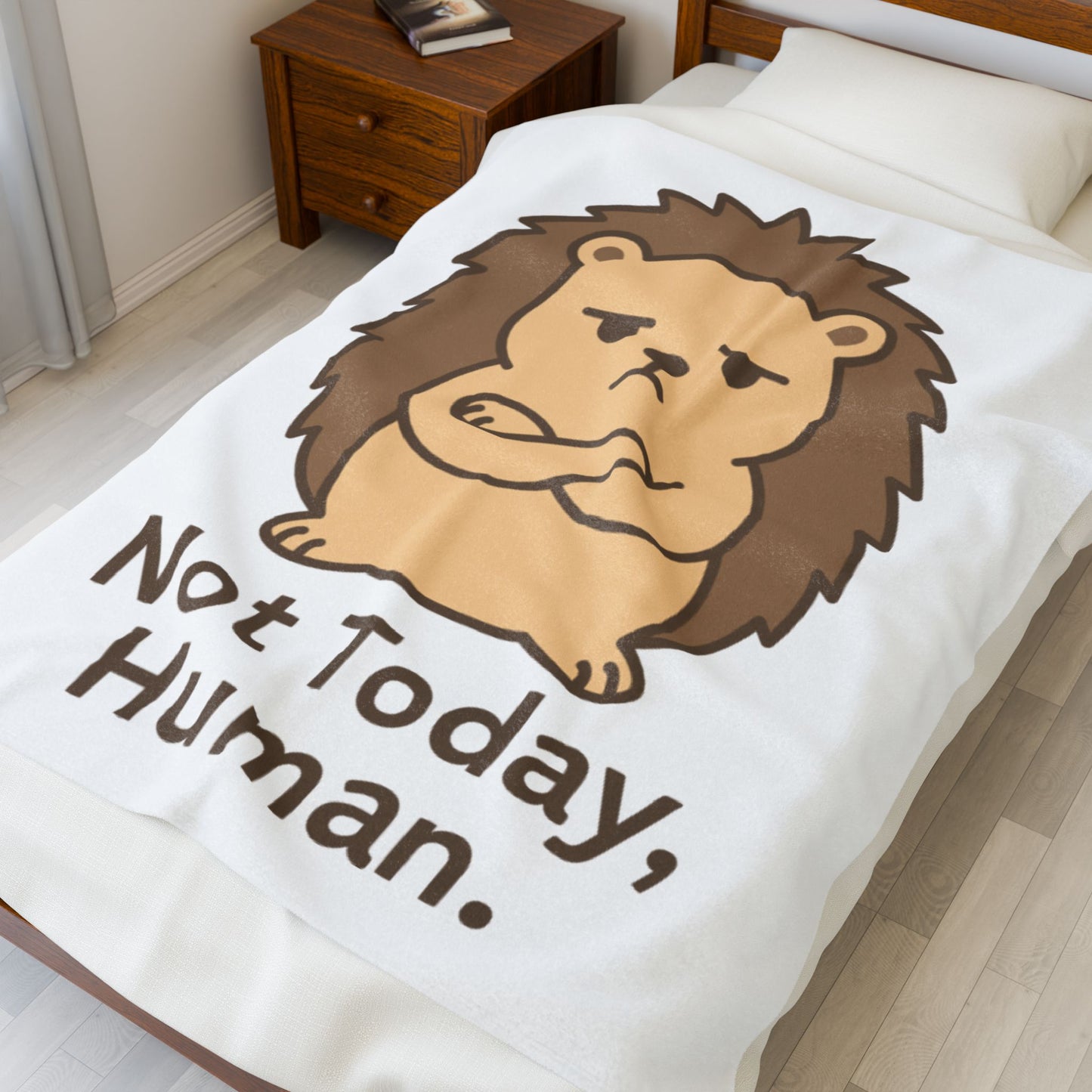Velveteen Plush Blanket — Cute Grumpy Hedgehog "Not Today, Human." Cozy Throw for Lazy Days, Gifts & Self-Care