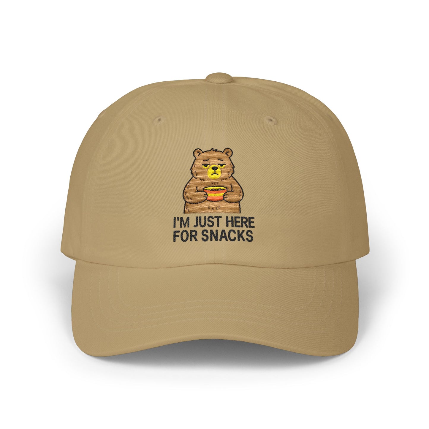Dad Cap — "I'm Just Here for Snacks" Bear Embroidered Hat