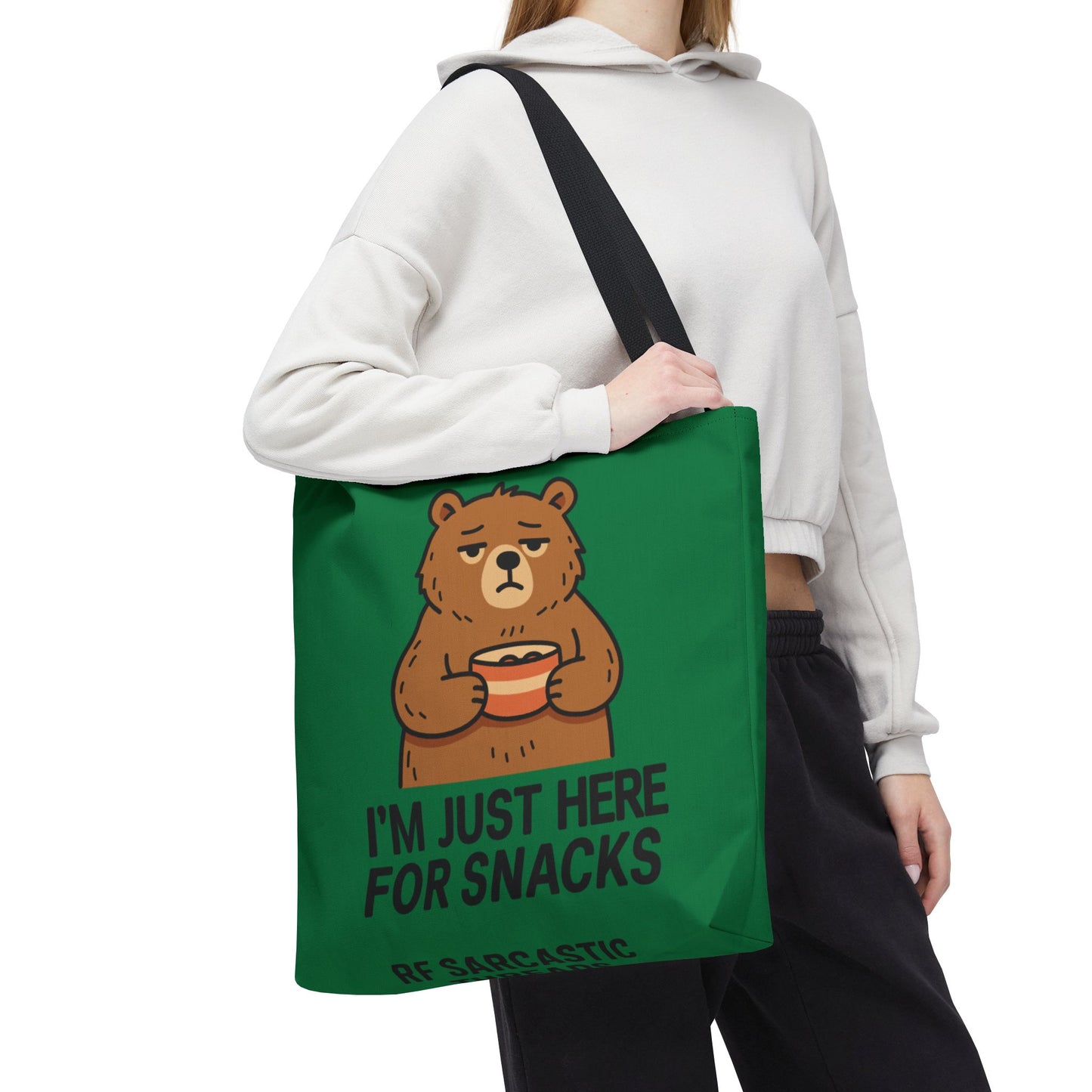 Snack-Loving Bear Tote Bag — “I’m Just Here For Snacks” Cute Reusable Grocery Tote