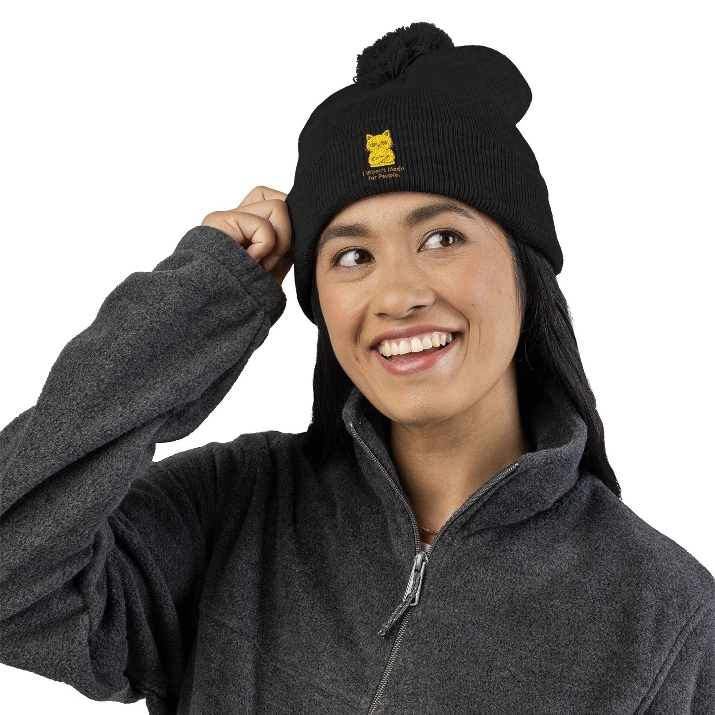Embroidered Cat Pom-Pom Beanie — Cozy Knit Winter Hat