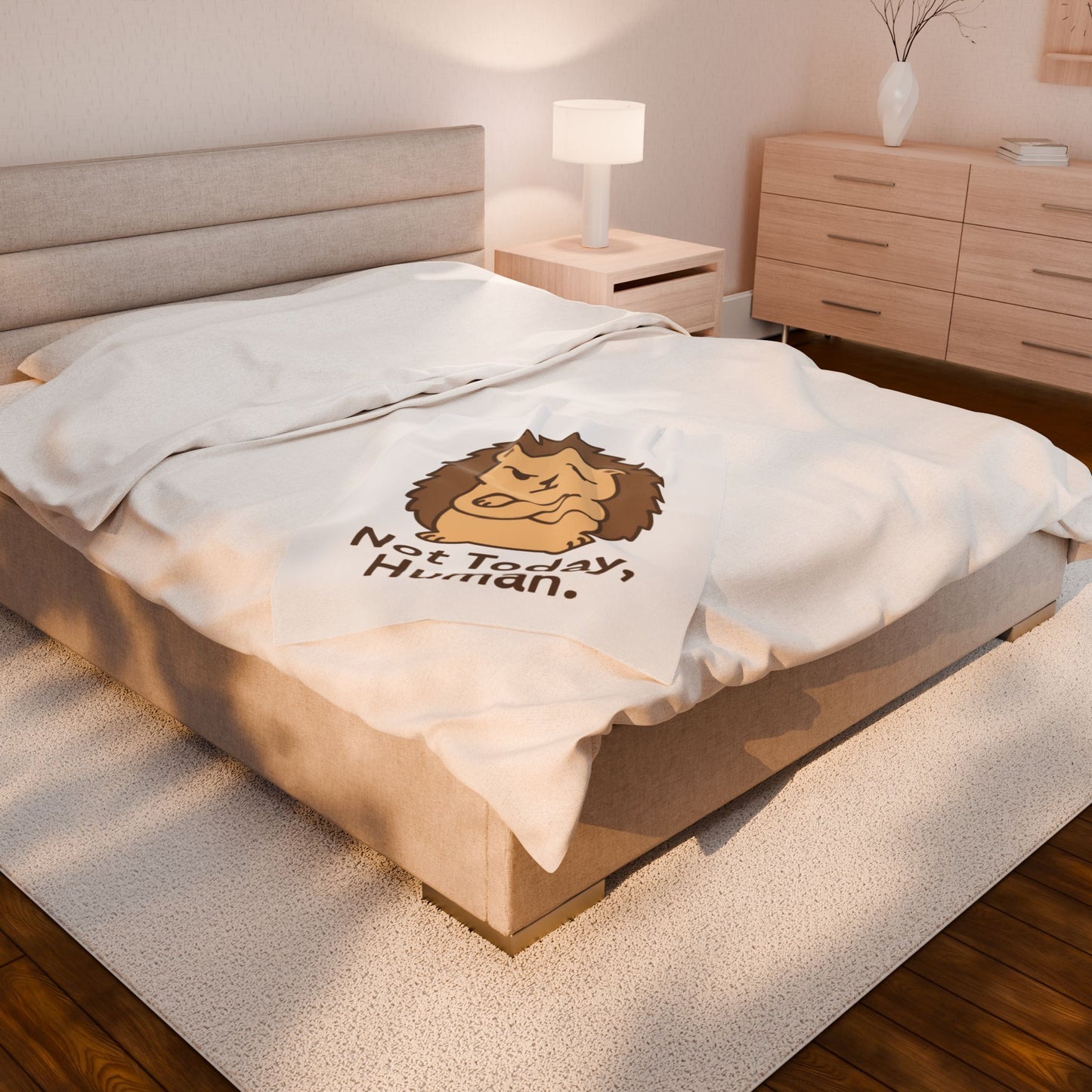 Velveteen Plush Blanket — Cute Grumpy Hedgehog "Not Today, Human." Cozy Throw for Lazy Days, Gifts & Self-Care