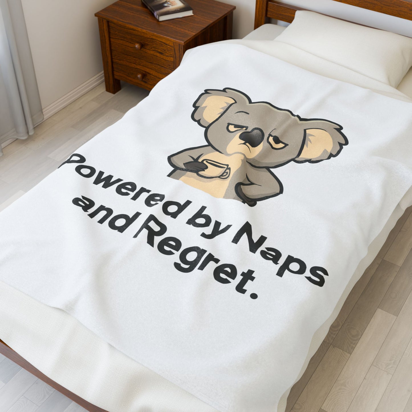 Velveteen Plush Blanket — 'Powered by Naps and Regret' Koala Throw