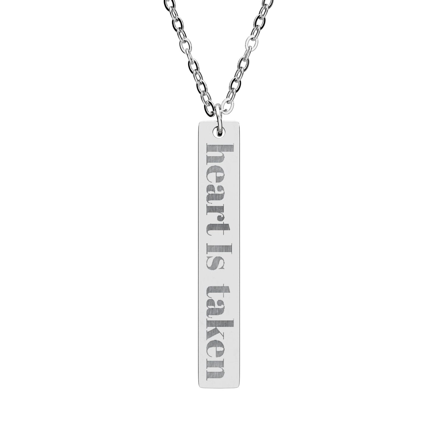 Engraved Vertical Bar Necklace — "Heart Is Taken" Personalized Pendant
