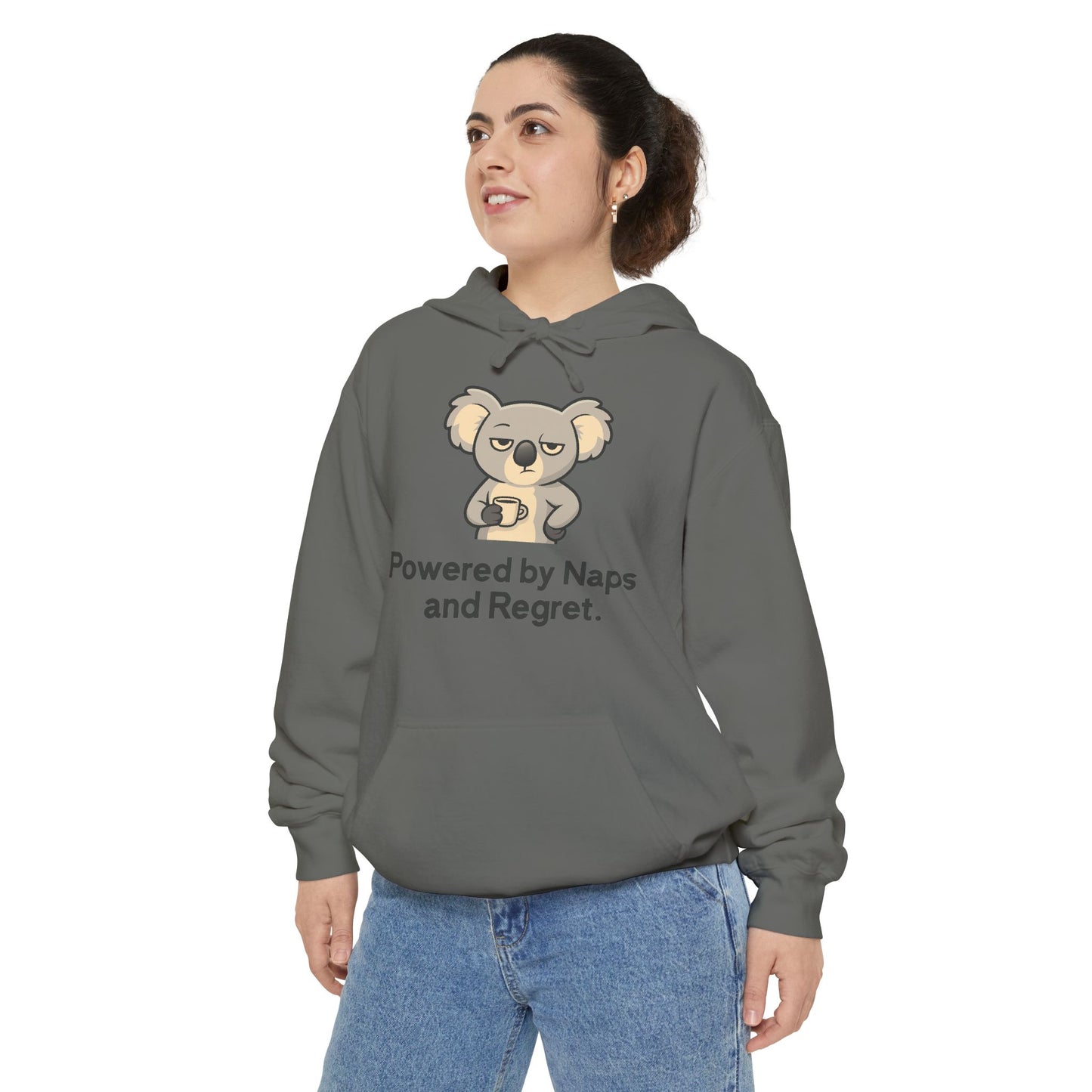 'Powered by Naps and Regret' Cute Koala Graphic Hoodie