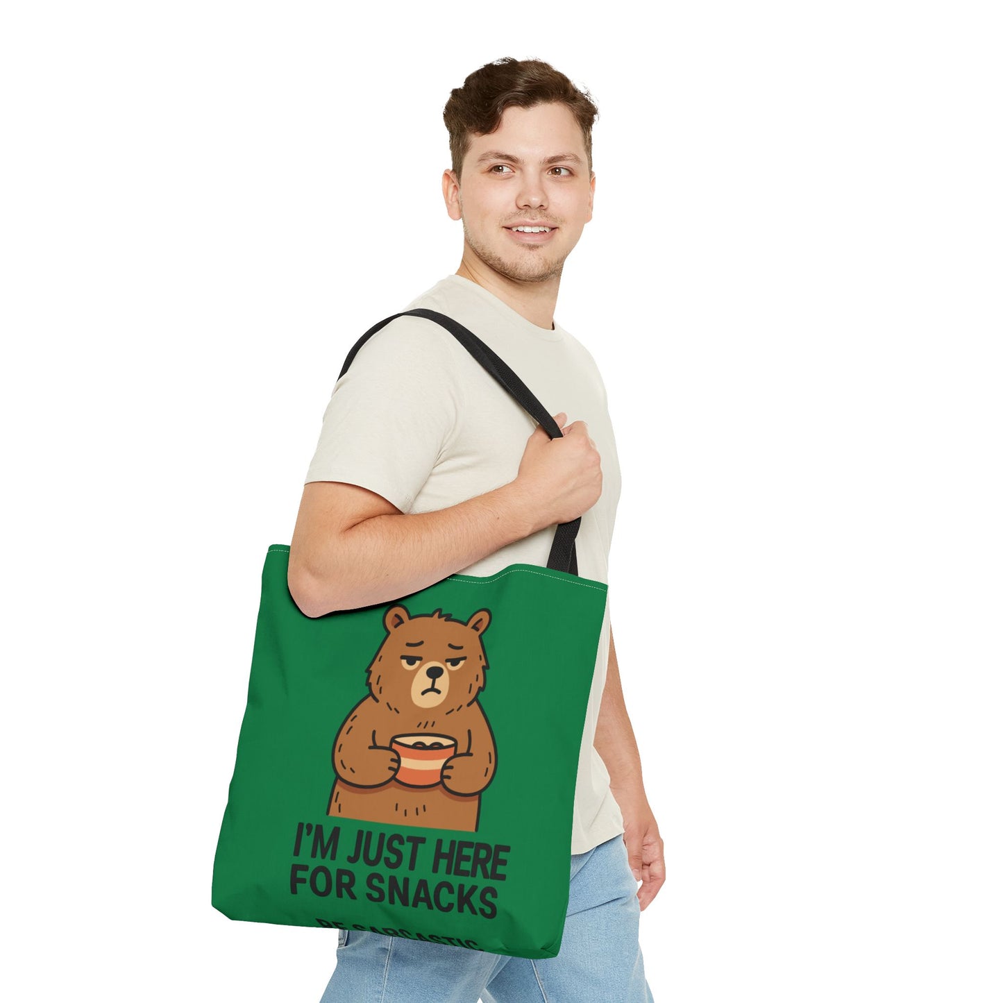 Snack-Loving Bear Tote Bag — “I’m Just Here For Snacks” Cute Reusable Grocery Tote