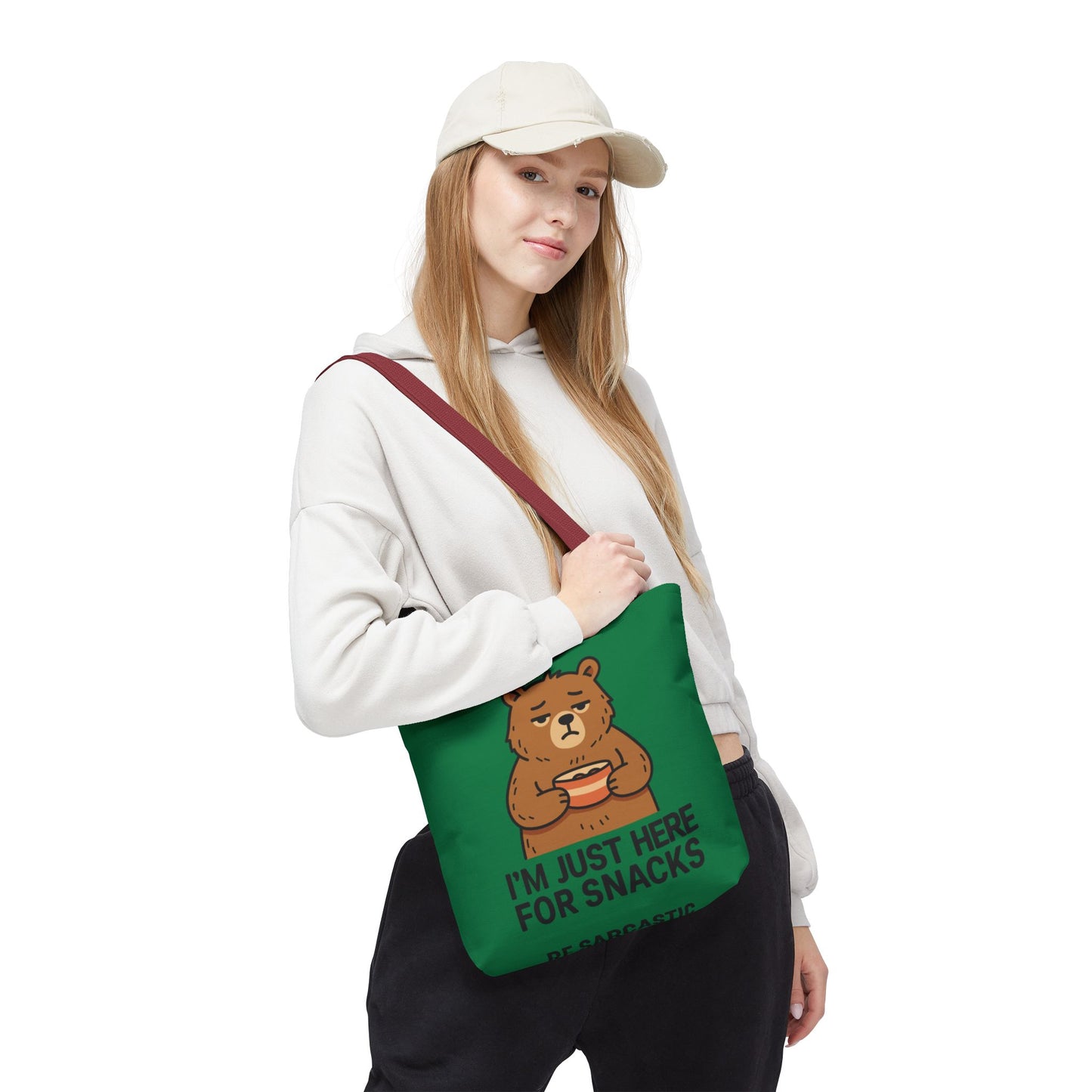 Snack-Loving Bear Tote Bag — “I’m Just Here For Snacks” Cute Reusable Grocery Tote