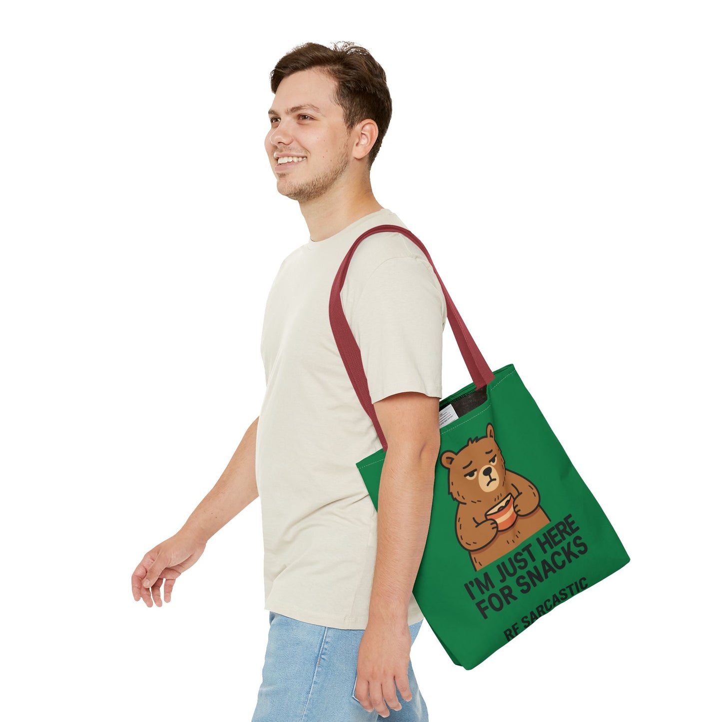 Snack-Loving Bear Tote Bag — “I’m Just Here For Snacks” Cute Reusable Grocery Tote