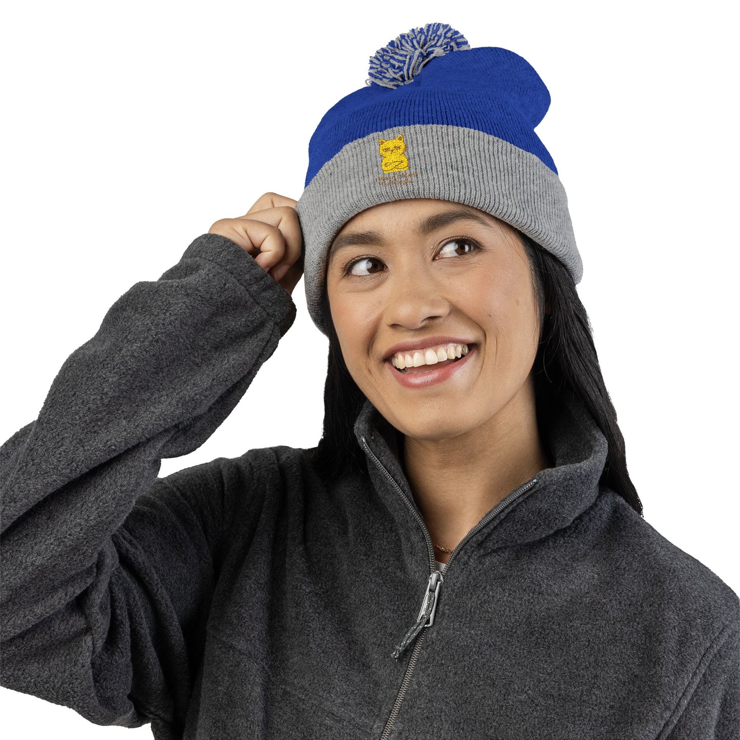Embroidered Cat Pom-Pom Beanie — Cozy Knit Winter Hat