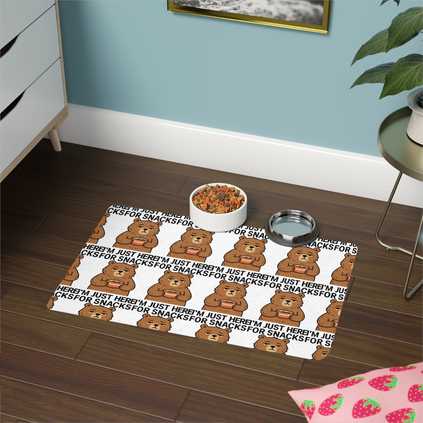 “I’m Just Here for Snacks” Bear Pet Food Mat — 12x18 Non-Slip Bowl Placemat