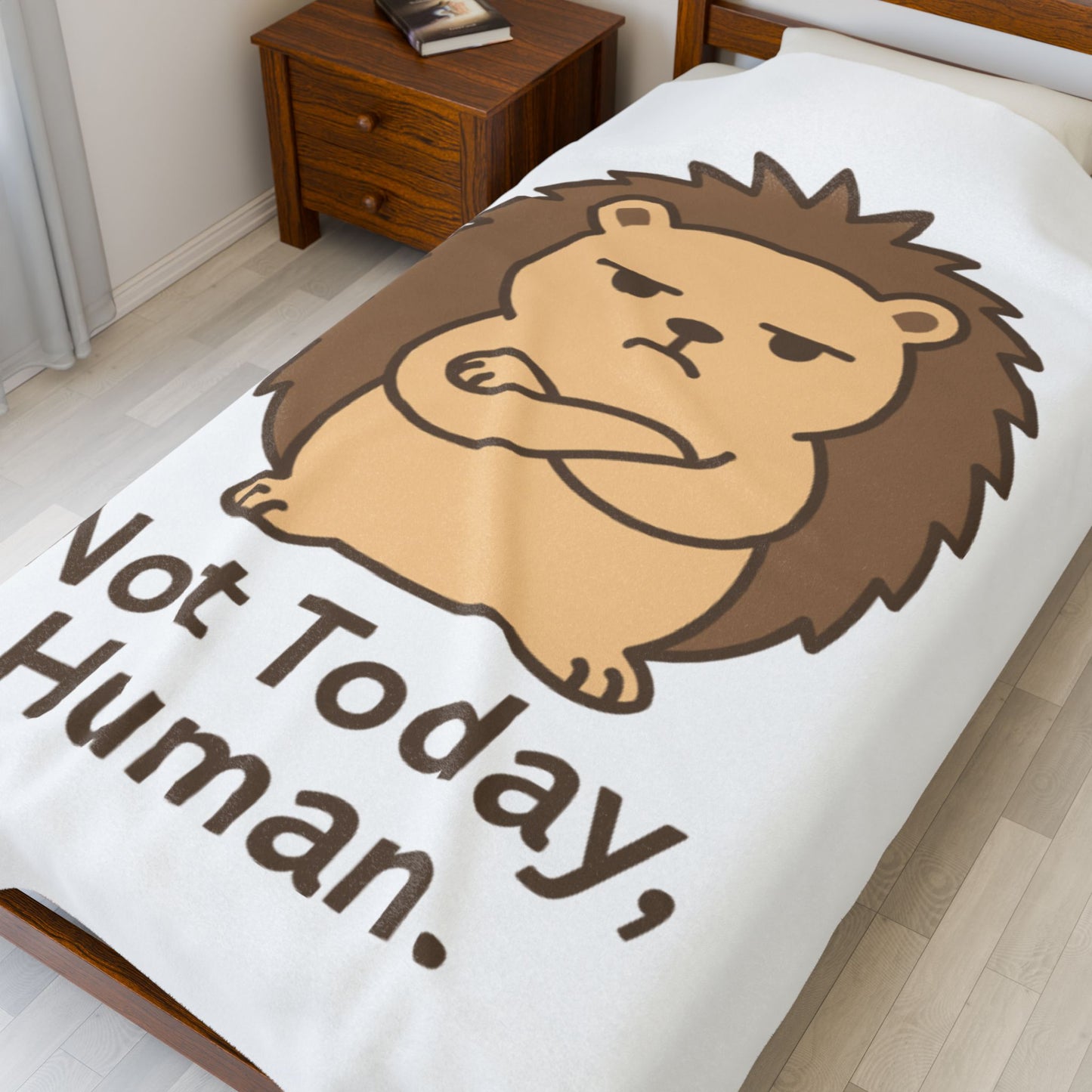 Velveteen Plush Blanket — Cute Grumpy Hedgehog "Not Today, Human." Cozy Throw for Lazy Days, Gifts & Self-Care