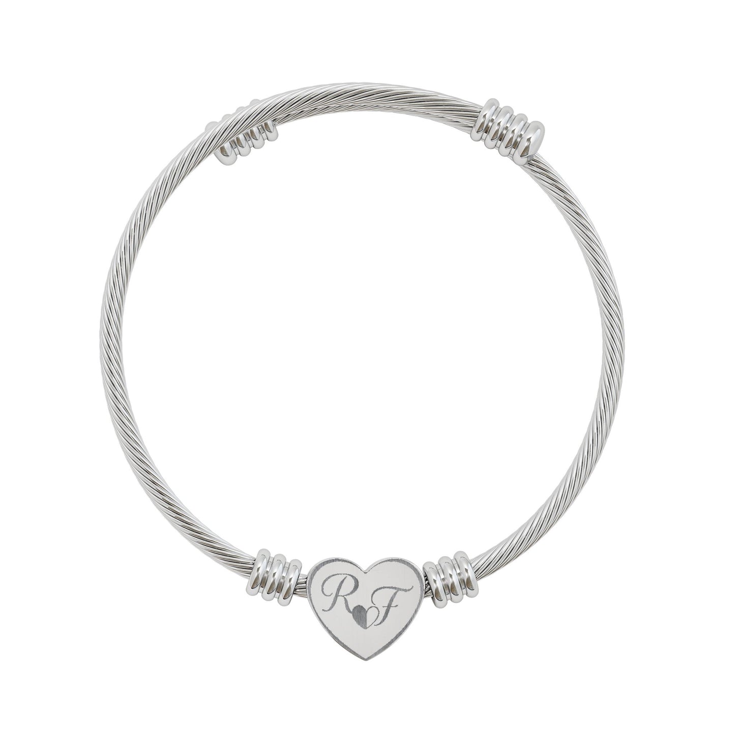 Engravable Heart Cuff Bracelet — Personalized Initials Cable Bangle (Silver or Gold)