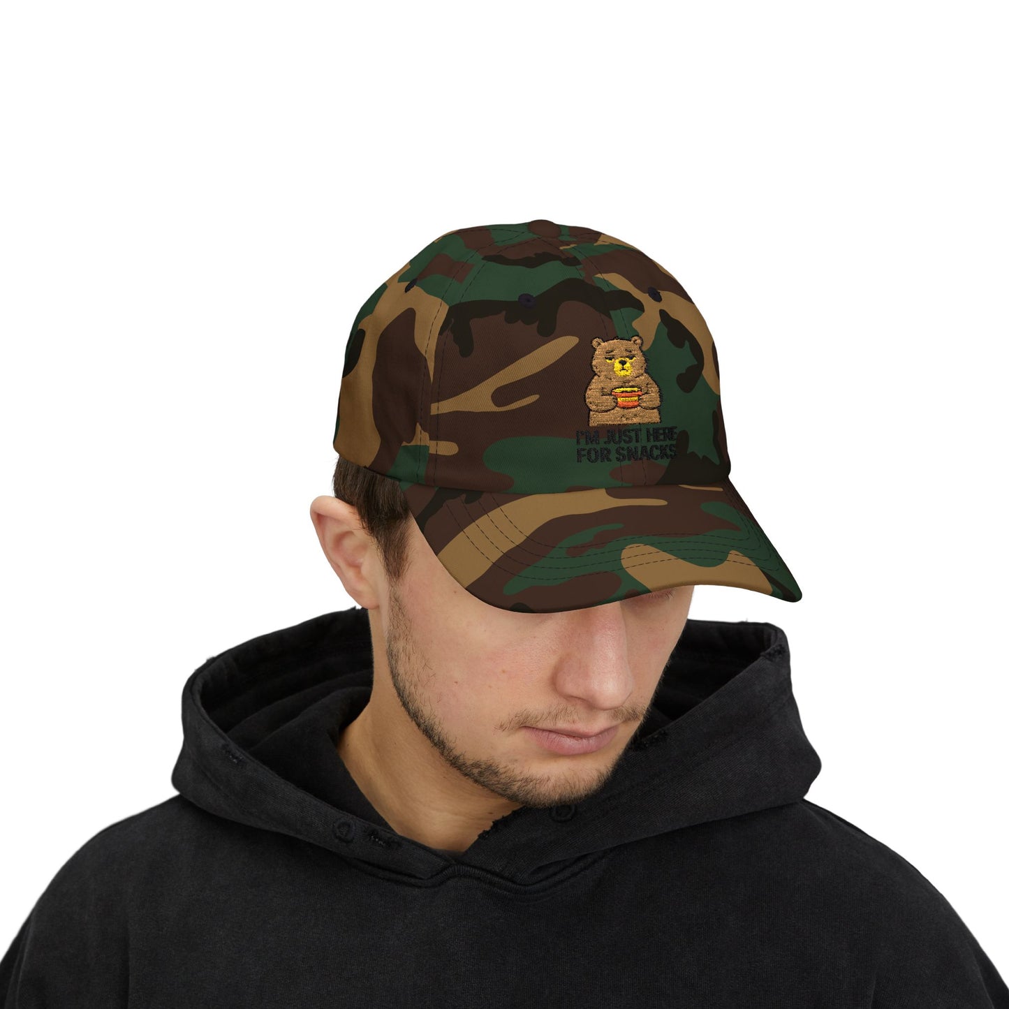Dad Cap — "I'm Just Here for Snacks" Bear Embroidered Hat