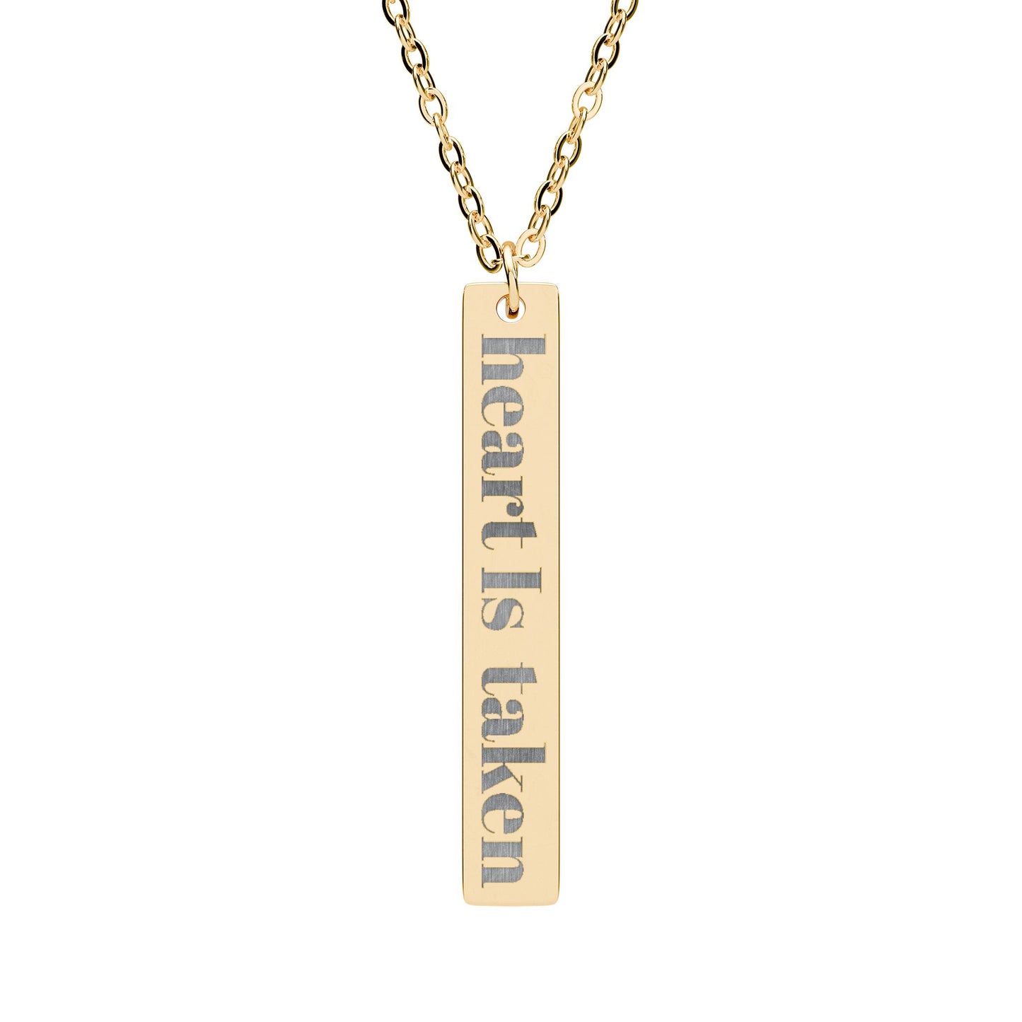 Engraved Vertical Bar Necklace — "Heart Is Taken" Personalized Pendant