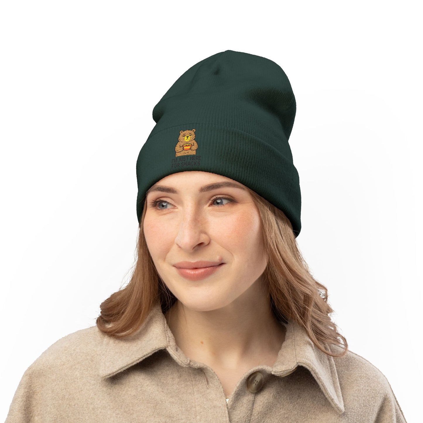 Embroidered 'I'm Just Here for Snacks' Bear Knit Beanie