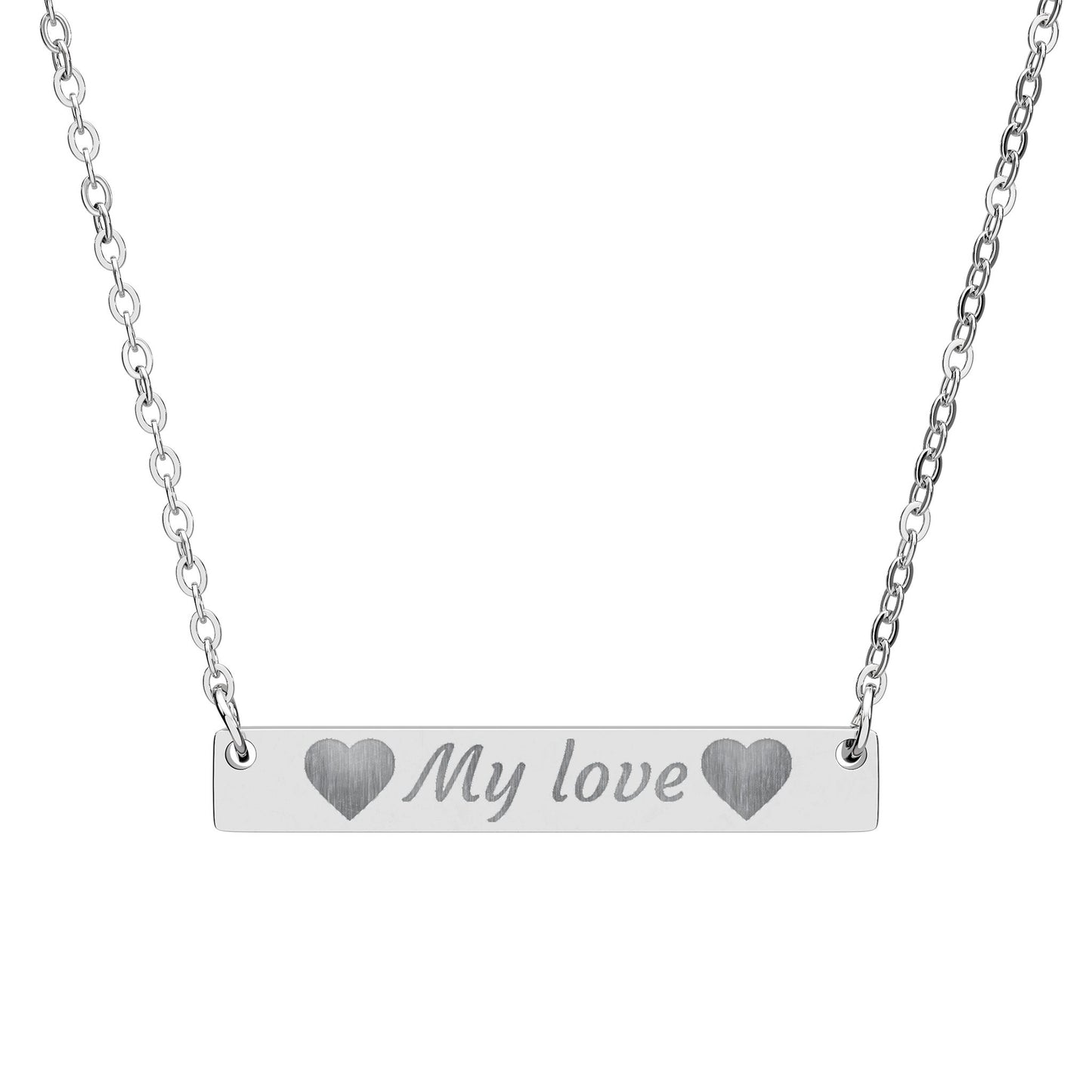 Engravable Horizontal Bar Necklace — Personalized “My love” Heart Pendant
