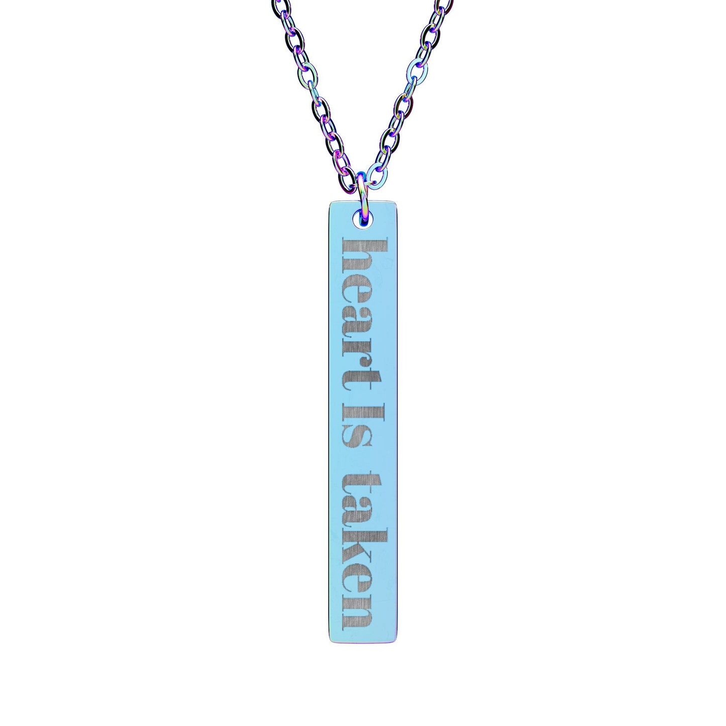 Engraved Vertical Bar Necklace — "Heart Is Taken" Personalized Pendant