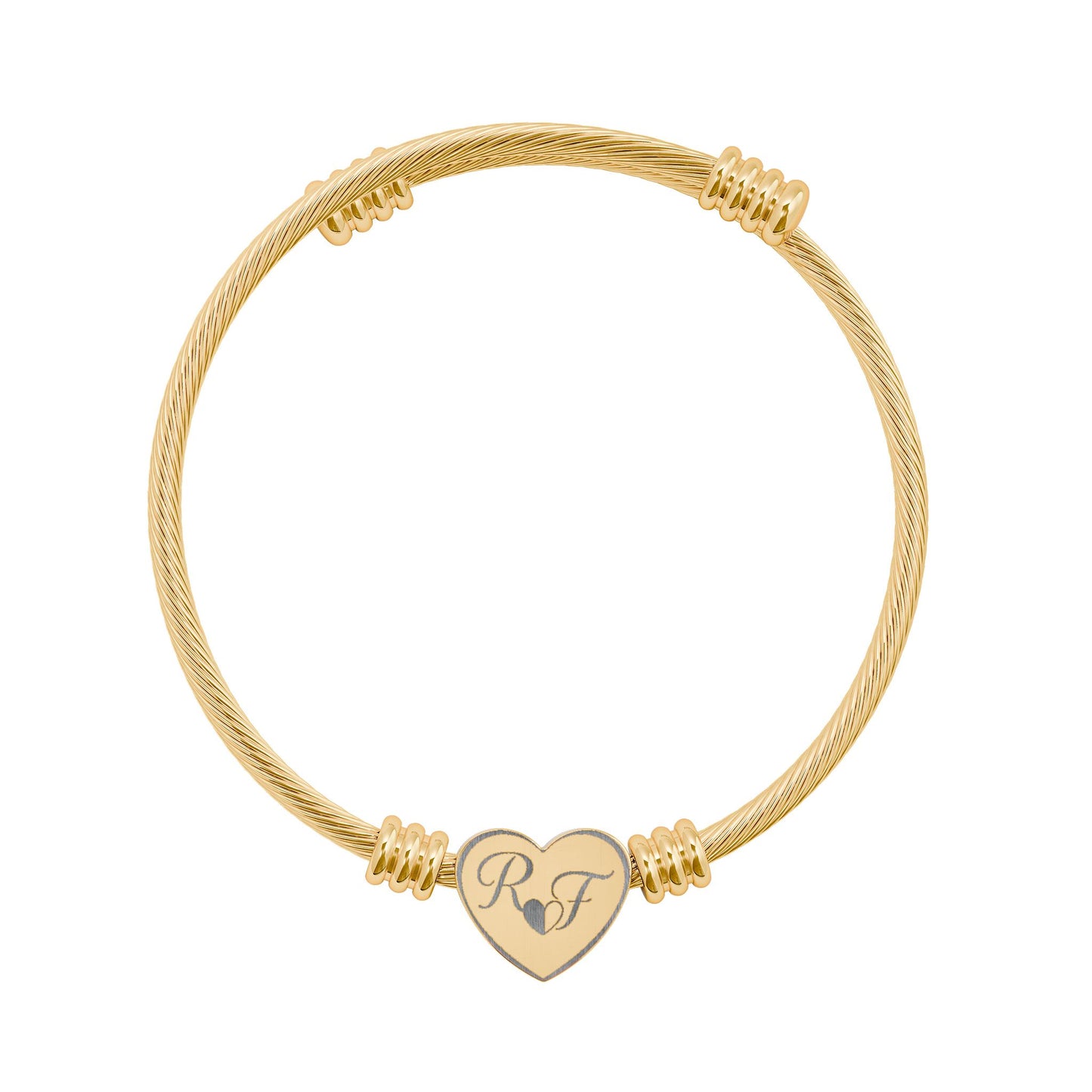 Engravable Heart Cuff Bracelet — Personalized Initials Cable Bangle (Silver or Gold)