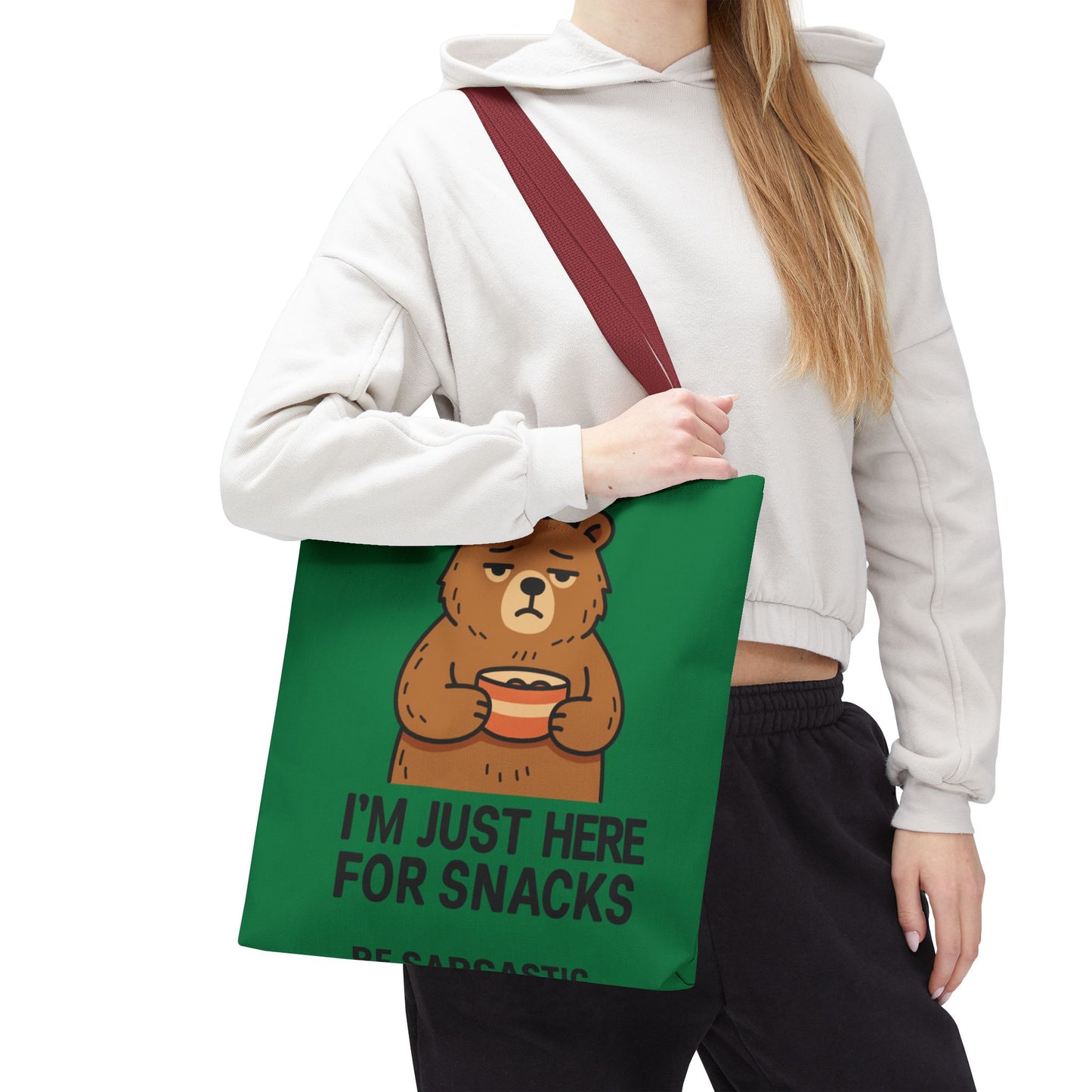 Snack-Loving Bear Tote Bag — “I’m Just Here For Snacks” Cute Reusable Grocery Tote