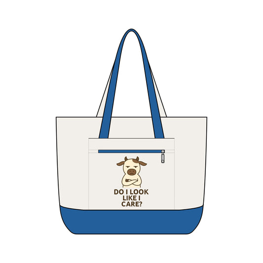 Canvas Tote Bag — 'Do I Look Like I Care?' Sarcastic Cow Zippered Tote