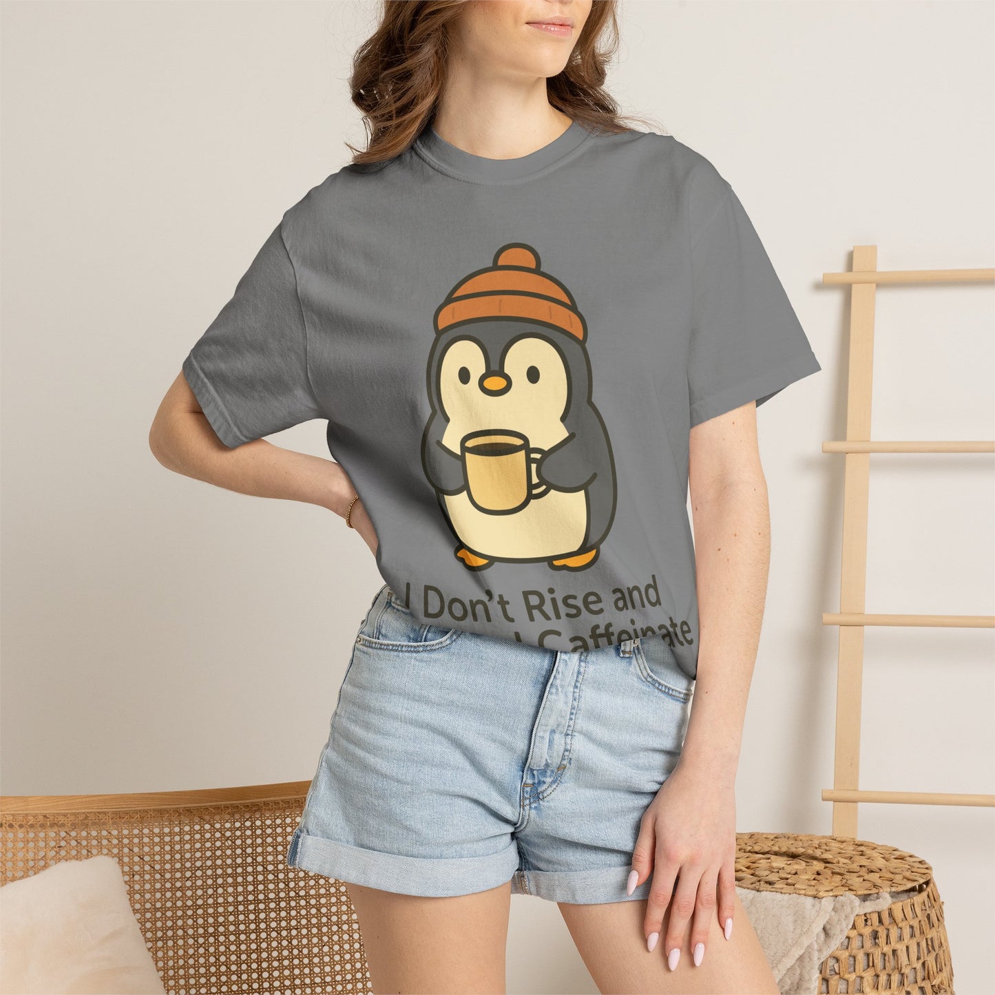 Funny Penguin 'I Don't Rise and Shine, I Rise and Caffeinate' T-Shirt