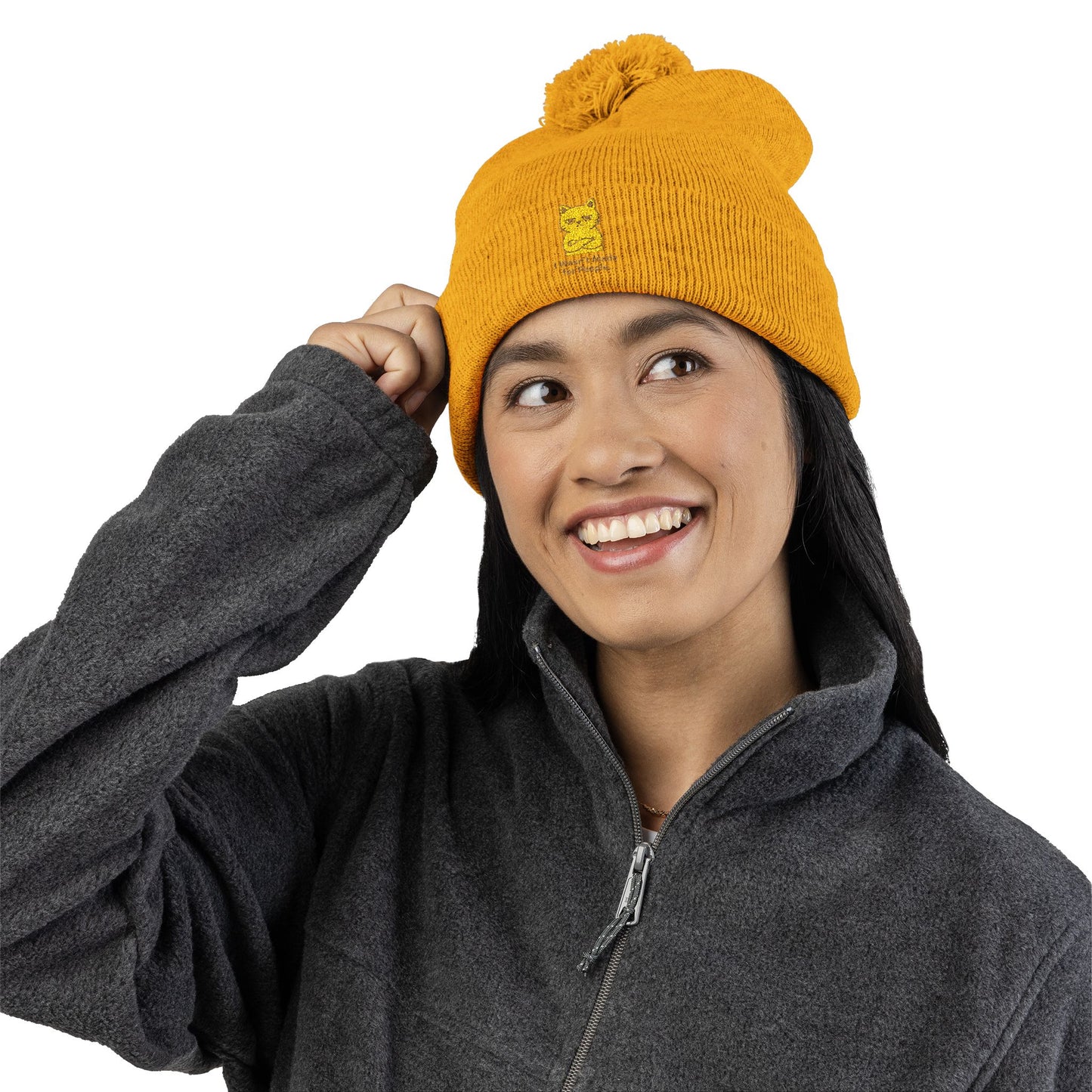 Embroidered Cat Pom-Pom Beanie — Cozy Knit Winter Hat