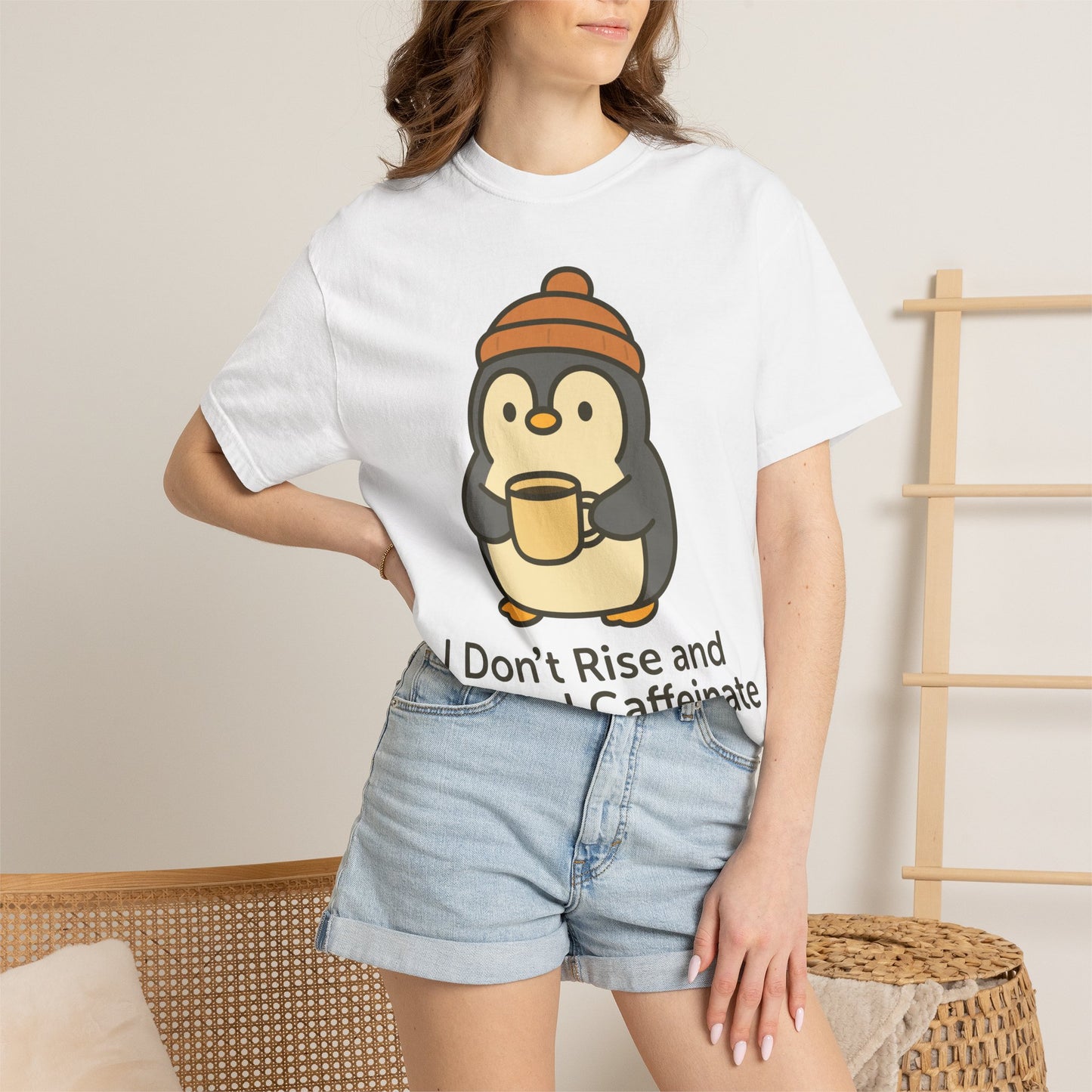 Funny Penguin 'I Don't Rise and Shine, I Rise and Caffeinate' T-Shirt