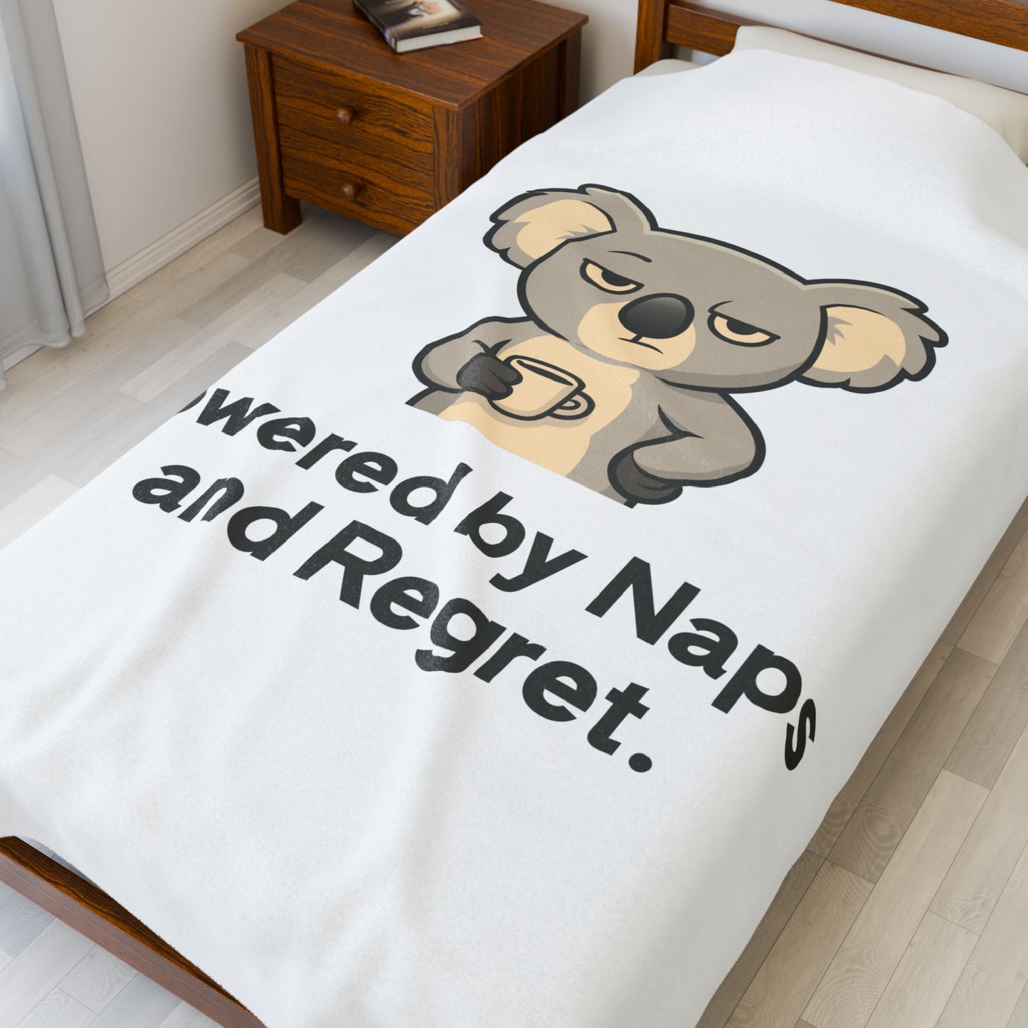 Velveteen Plush Blanket — 'Powered by Naps and Regret' Koala Throw