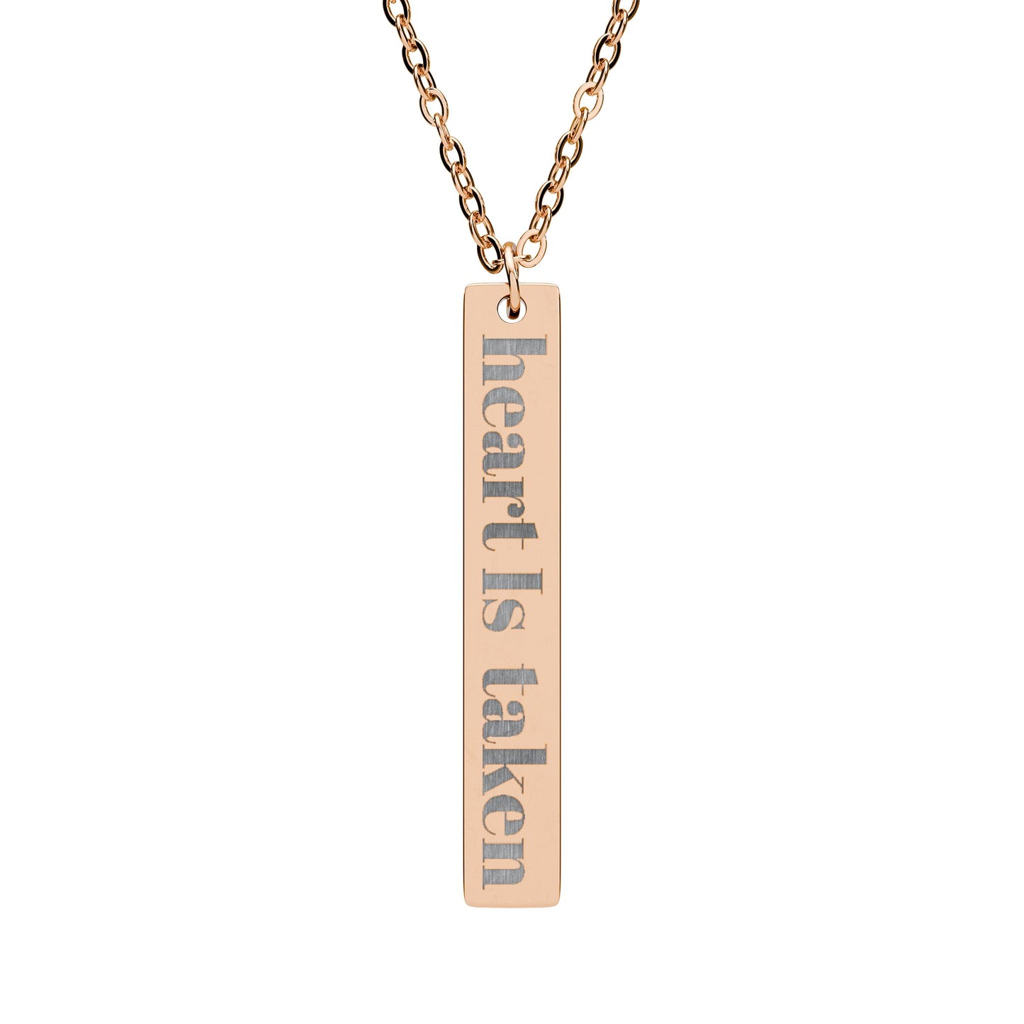 Engraved Vertical Bar Necklace — "Heart Is Taken" Personalized Pendant
