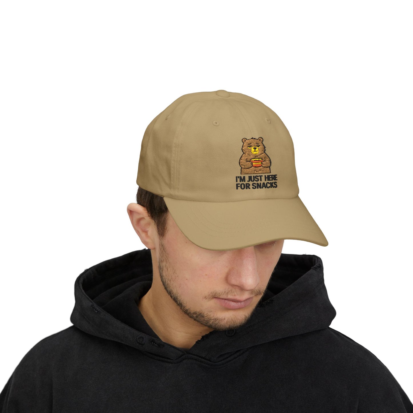 Dad Cap — "I'm Just Here for Snacks" Bear Embroidered Hat