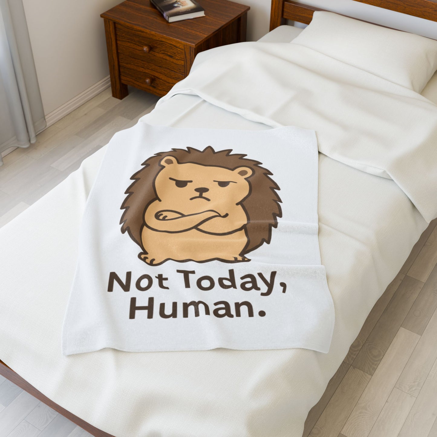 Velveteen Plush Blanket — Cute Grumpy Hedgehog "Not Today, Human." Cozy Throw for Lazy Days, Gifts & Self-Care