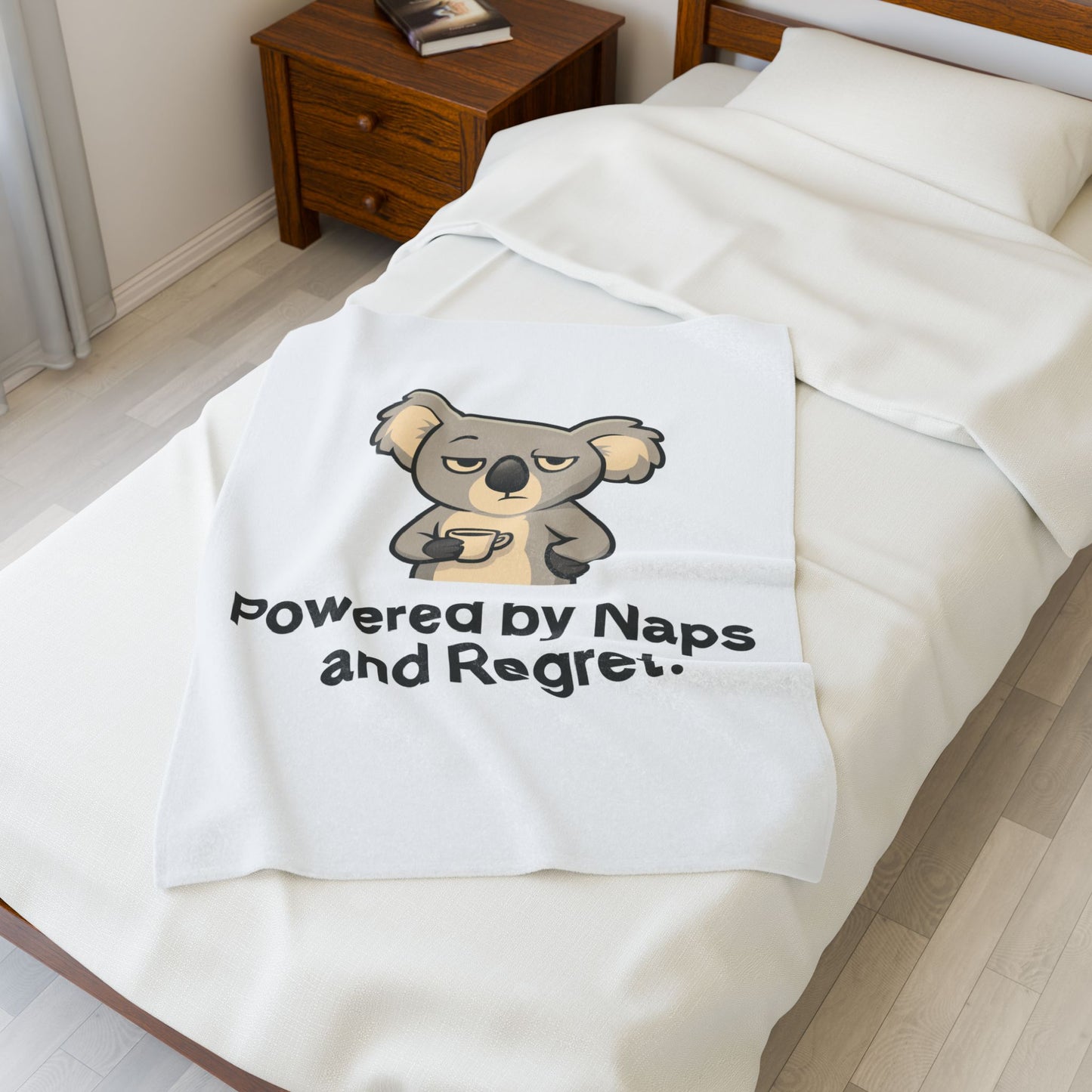 Velveteen Plush Blanket — 'Powered by Naps and Regret' Koala Throw