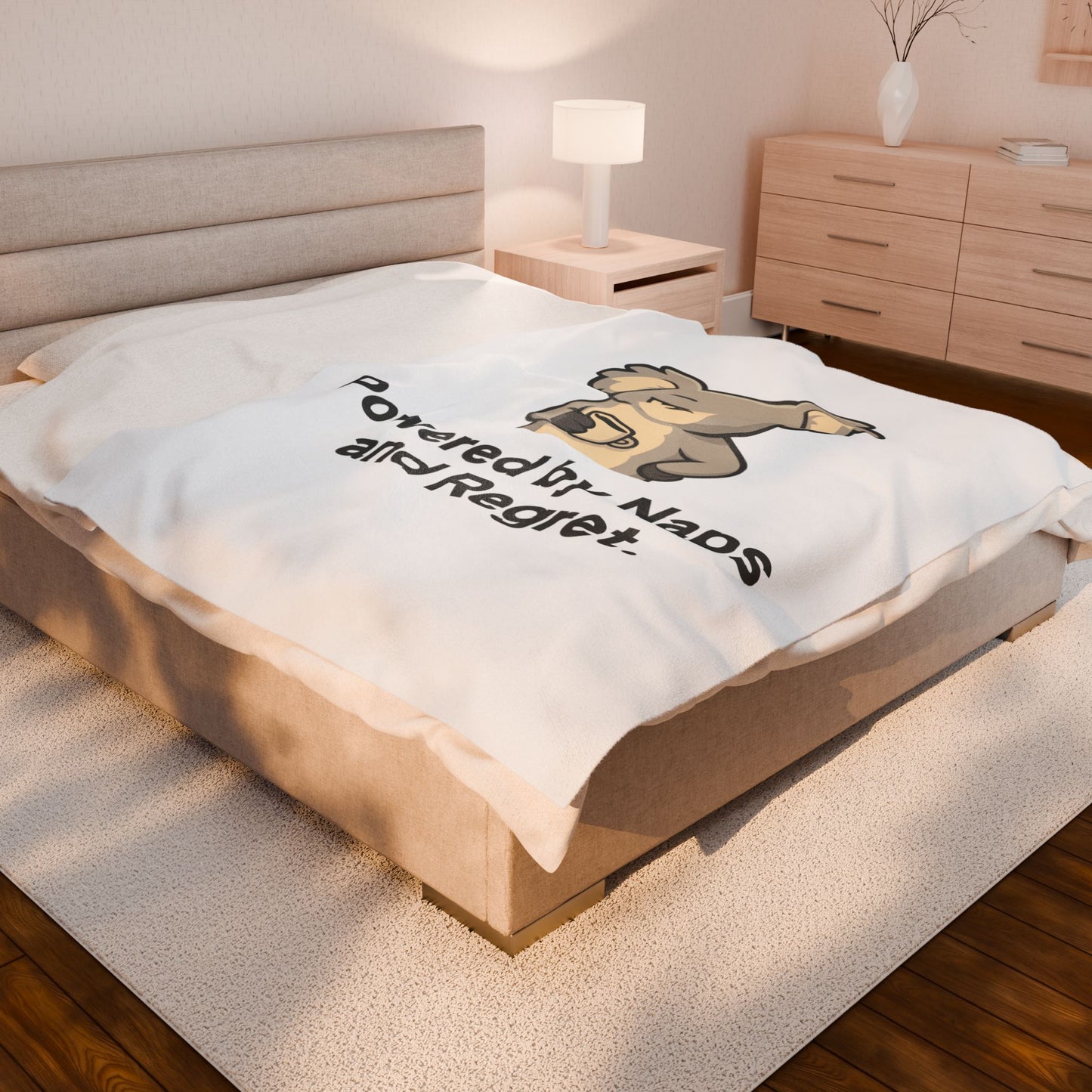 Velveteen Plush Blanket — 'Powered by Naps and Regret' Koala Throw