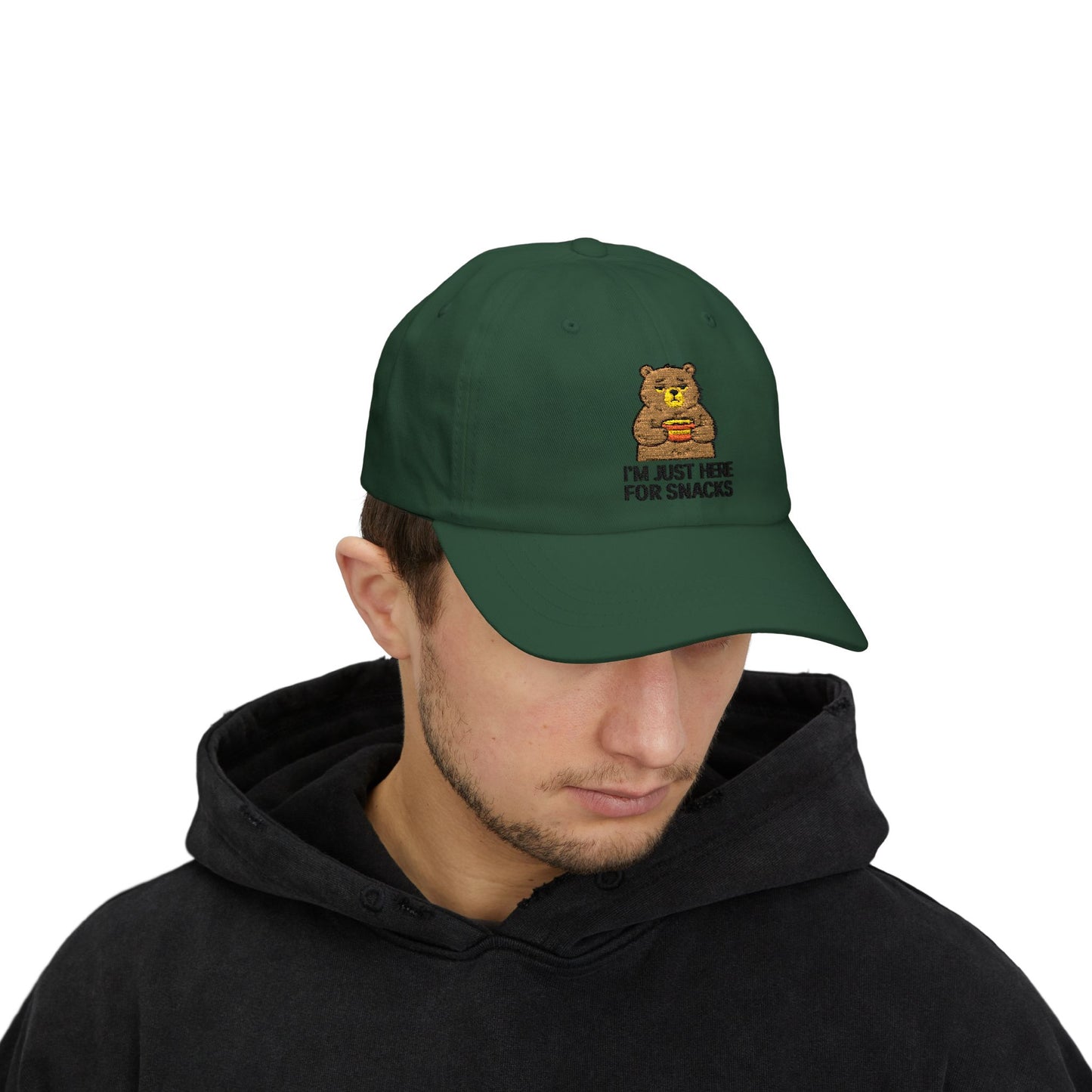Dad Cap — "I'm Just Here for Snacks" Bear Embroidered Hat