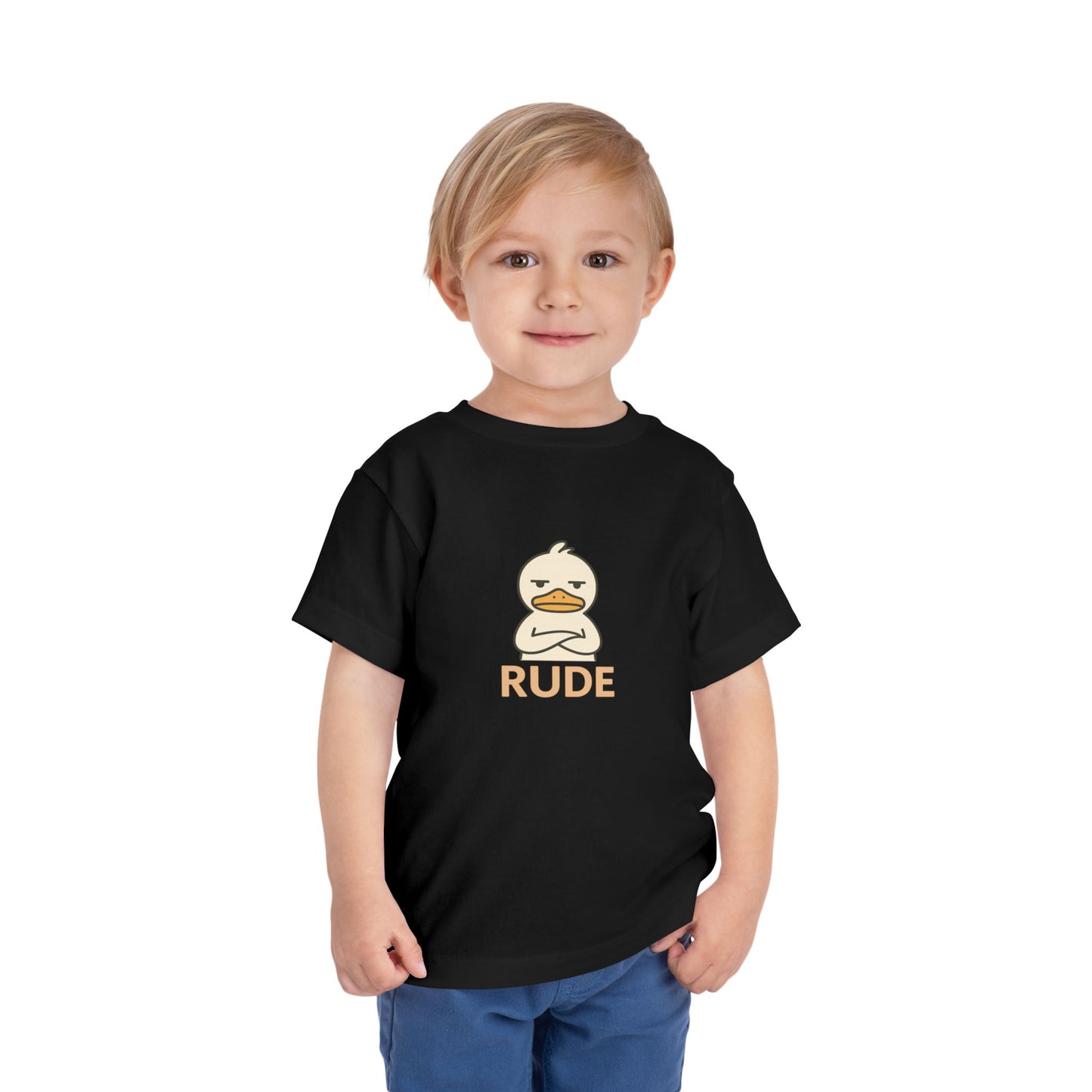 Toddler Tee — "RUDE" Grumpy Duck Kids Shirt (Playful Sarcastic Design)