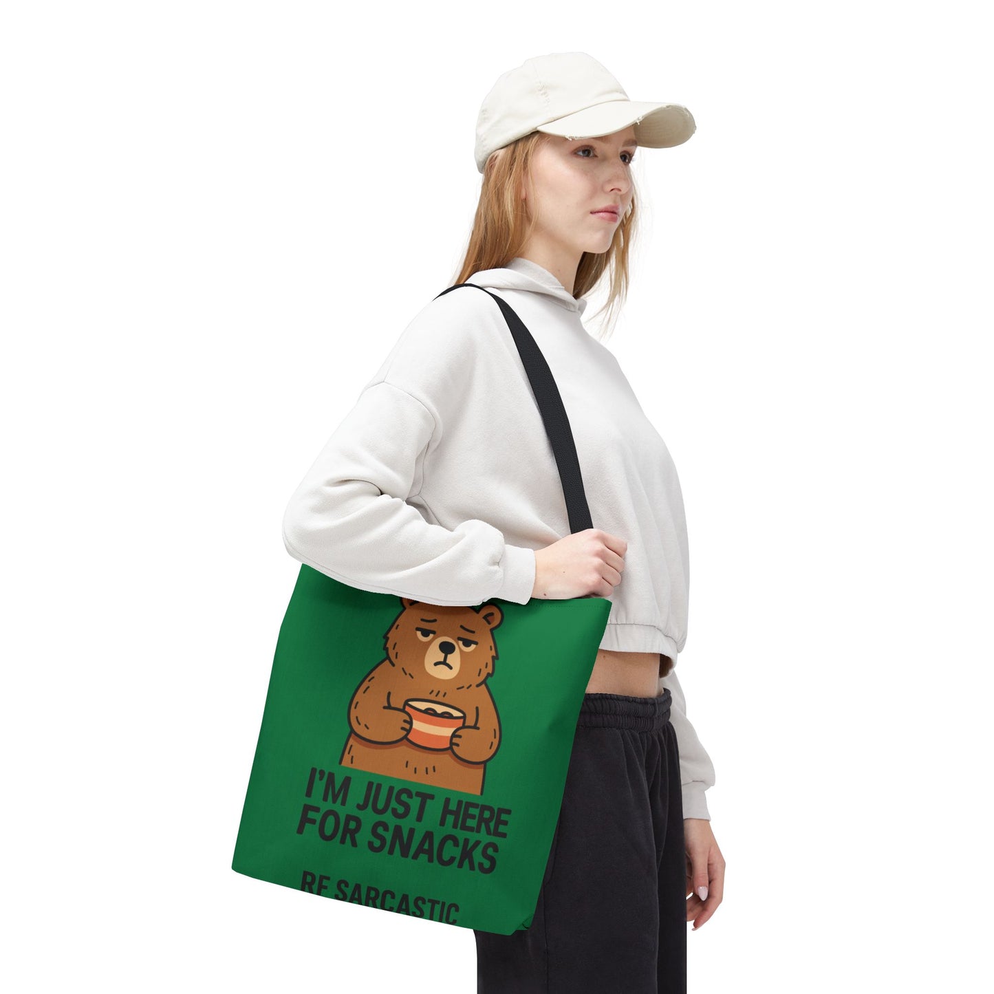 Snack-Loving Bear Tote Bag — “I’m Just Here For Snacks” Cute Reusable Grocery Tote