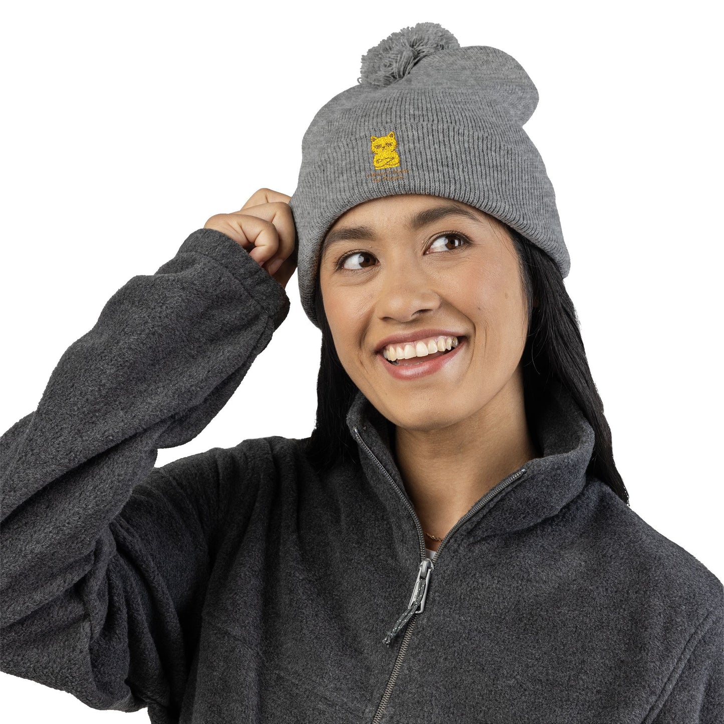 Embroidered Cat Pom-Pom Beanie — Cozy Knit Winter Hat