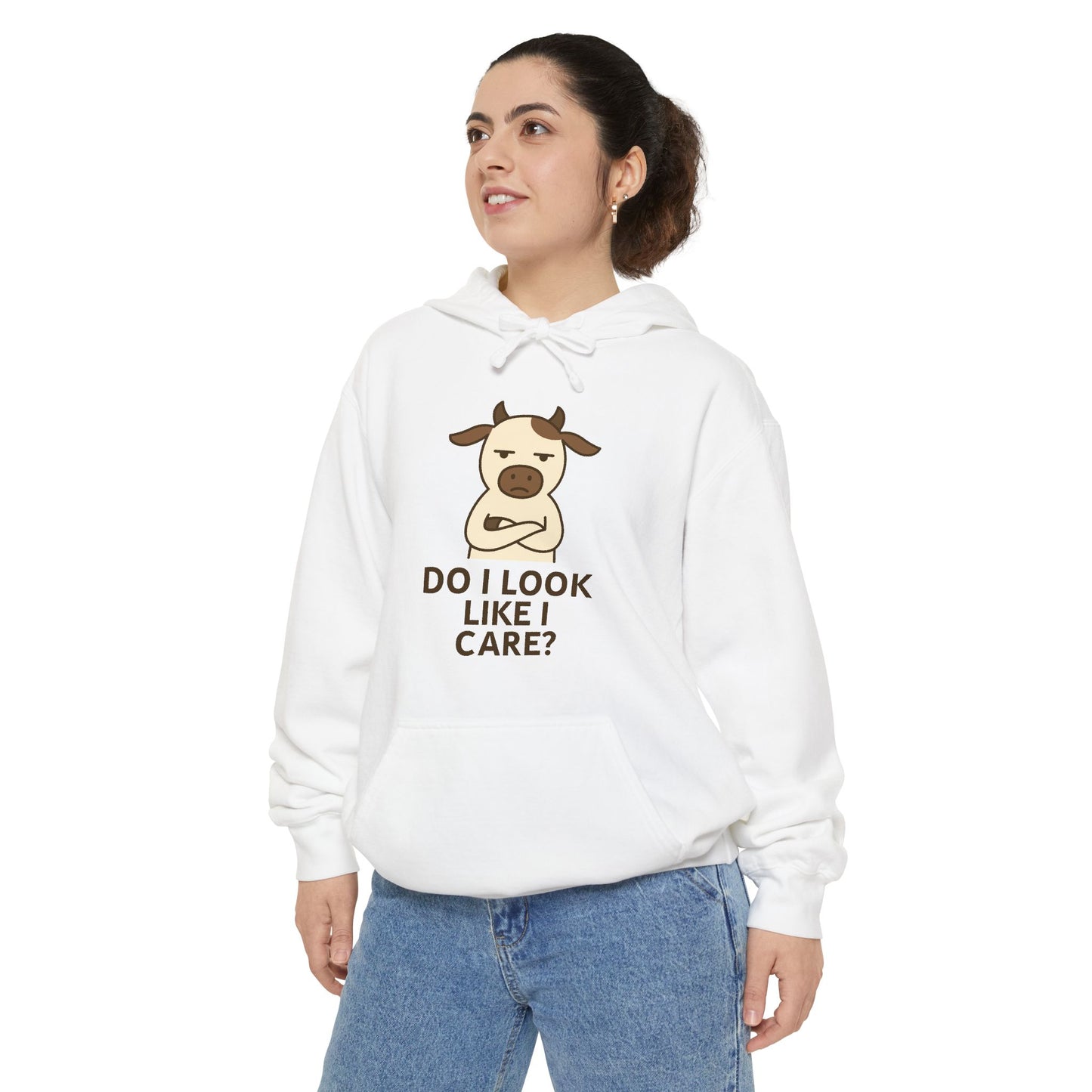 Funny Cow Hoodie — "Do I Look Like I Care" Sarcastic Farm Animal Pullover