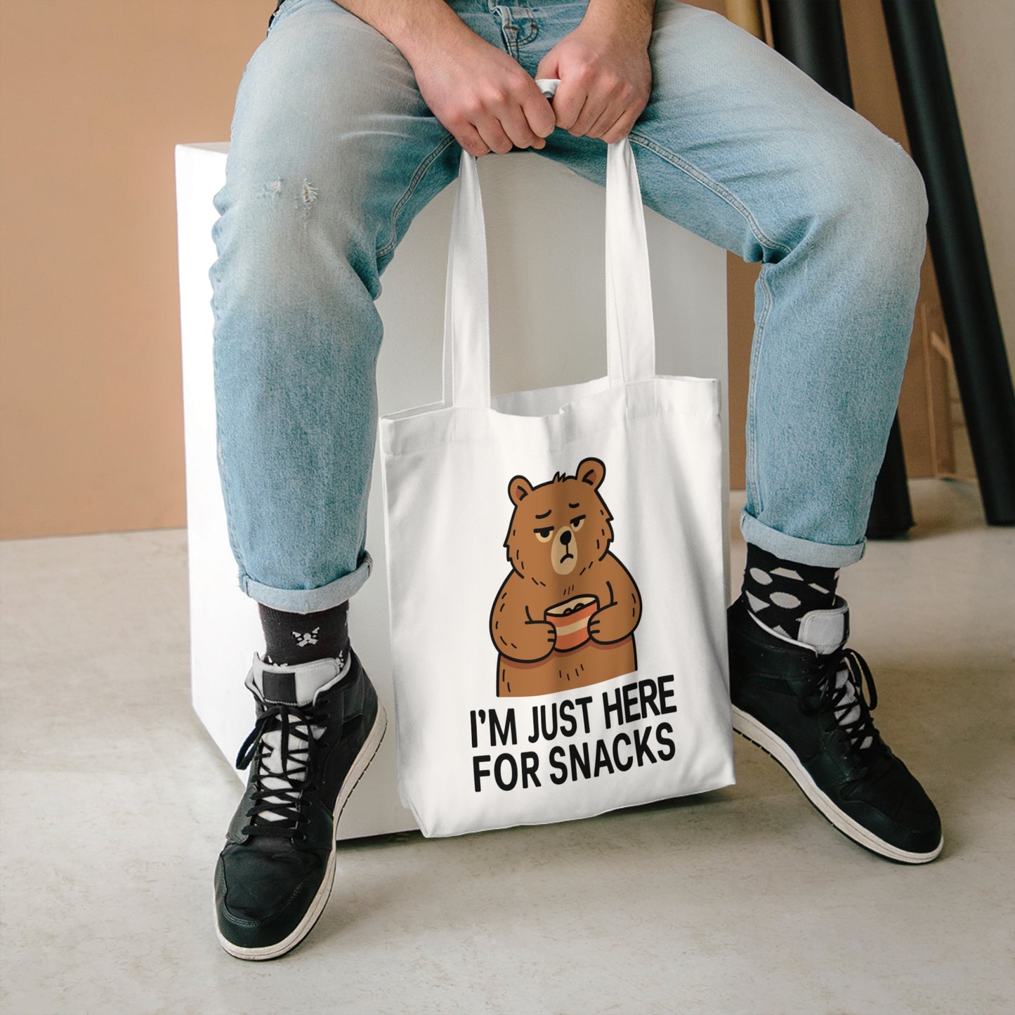 Cute Bear 'I'm Just Here for Snacks' Cotton Tote Bag