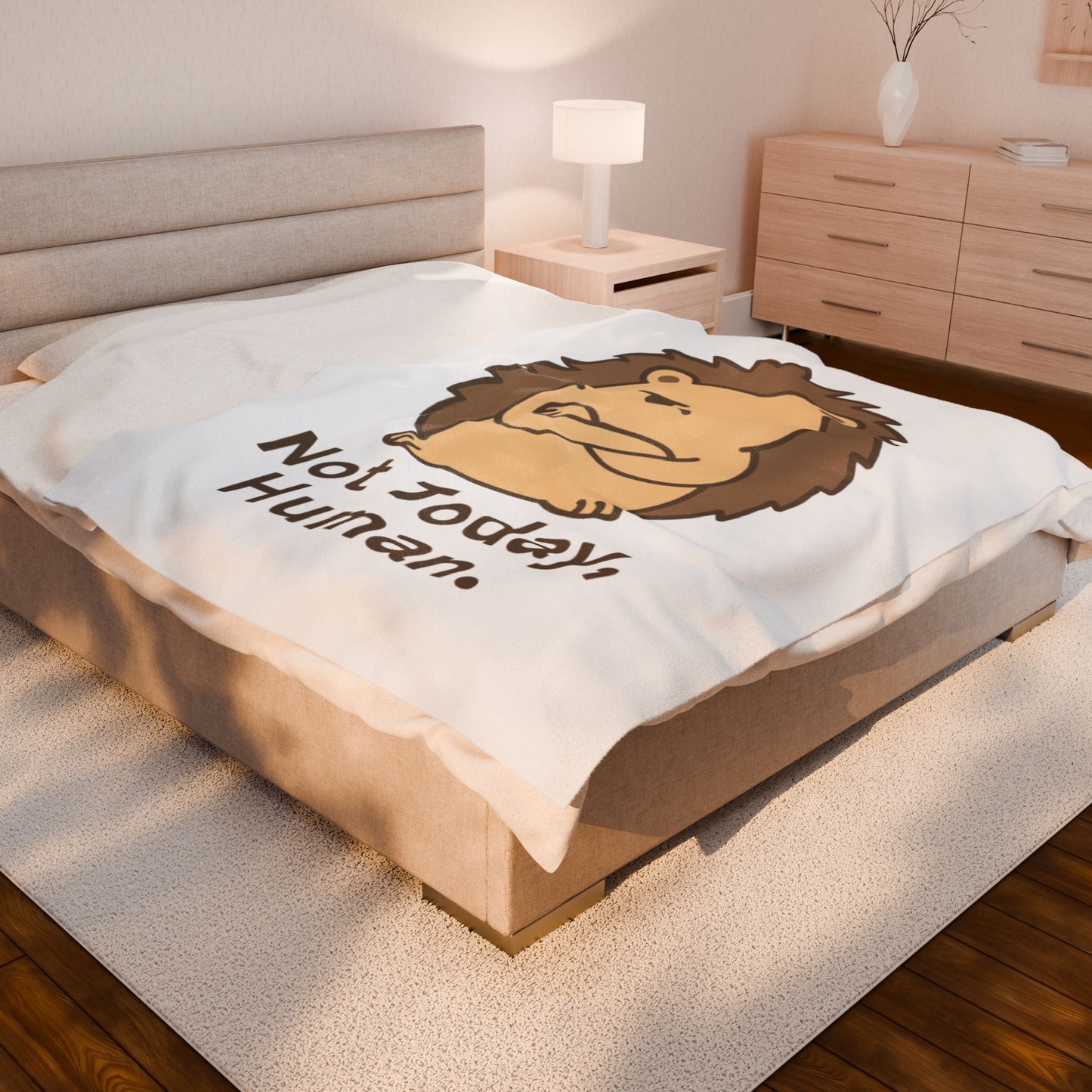 Velveteen Plush Blanket — Cute Grumpy Hedgehog "Not Today, Human." Cozy Throw for Lazy Days, Gifts & Self-Care